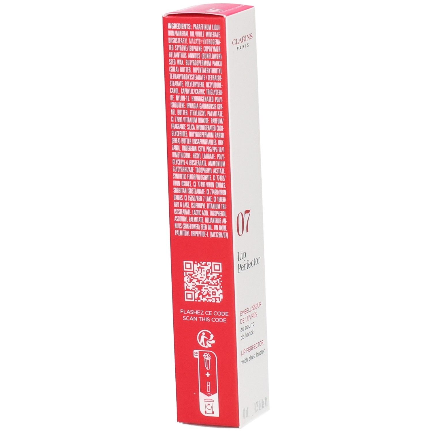 Clarins Lip Perfector 07 Toffee Pink Shimmer, achterkant doosje met ingrediënten.