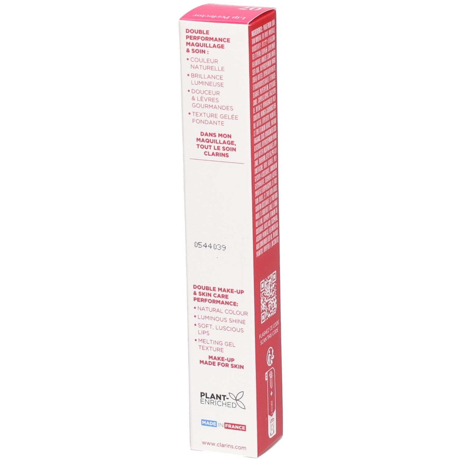 Clarins Lip Perfector 07 Toffee Pink Shimmer, zijkant doosje met productvoordelen.