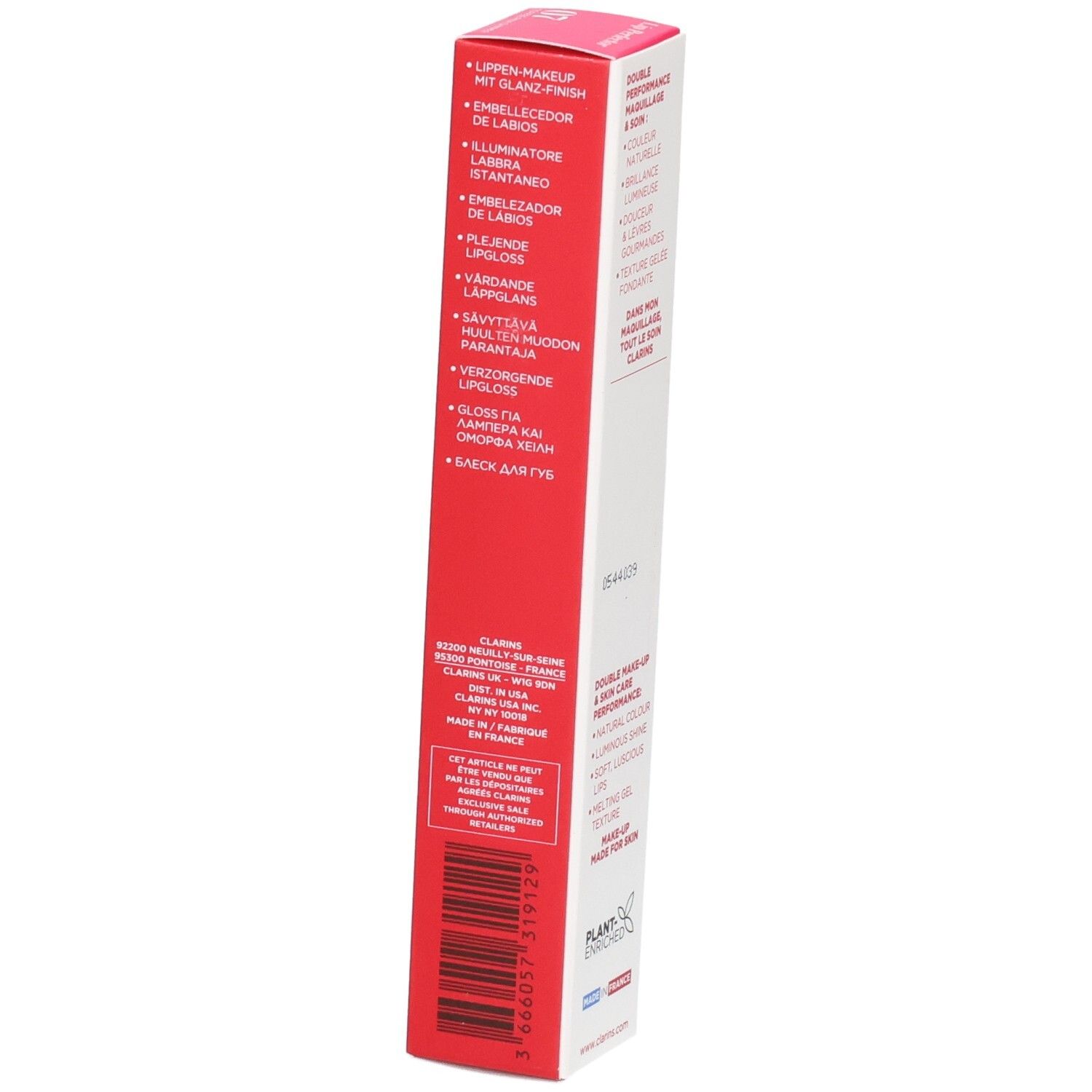 Clarins Lip Perfector 07 Toffee Pink Shimmer, doosje met instructies en barcode.