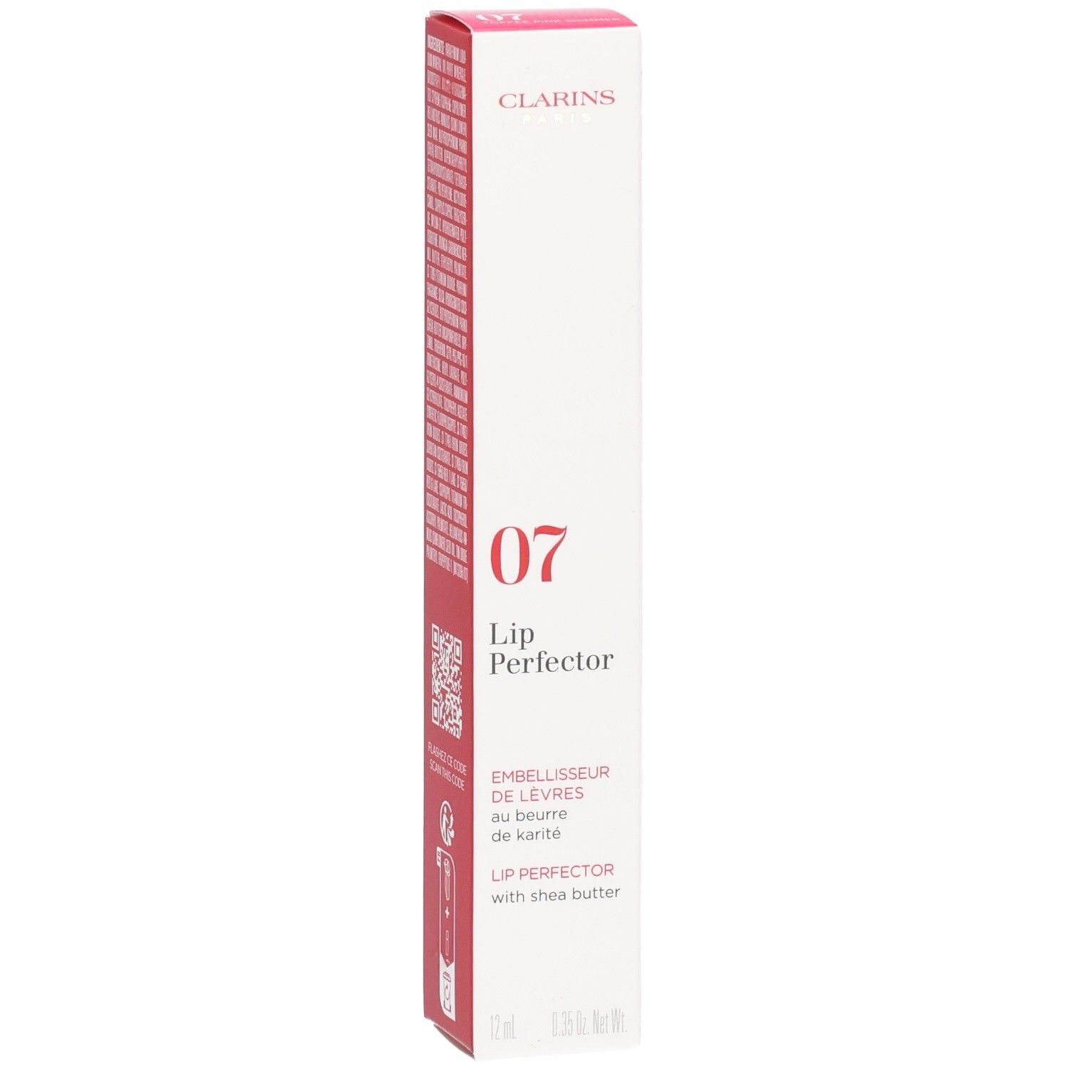 Clarins Lip Perfector 07 Toffee Pink Shimmer, doosje met QR code en applicatie.