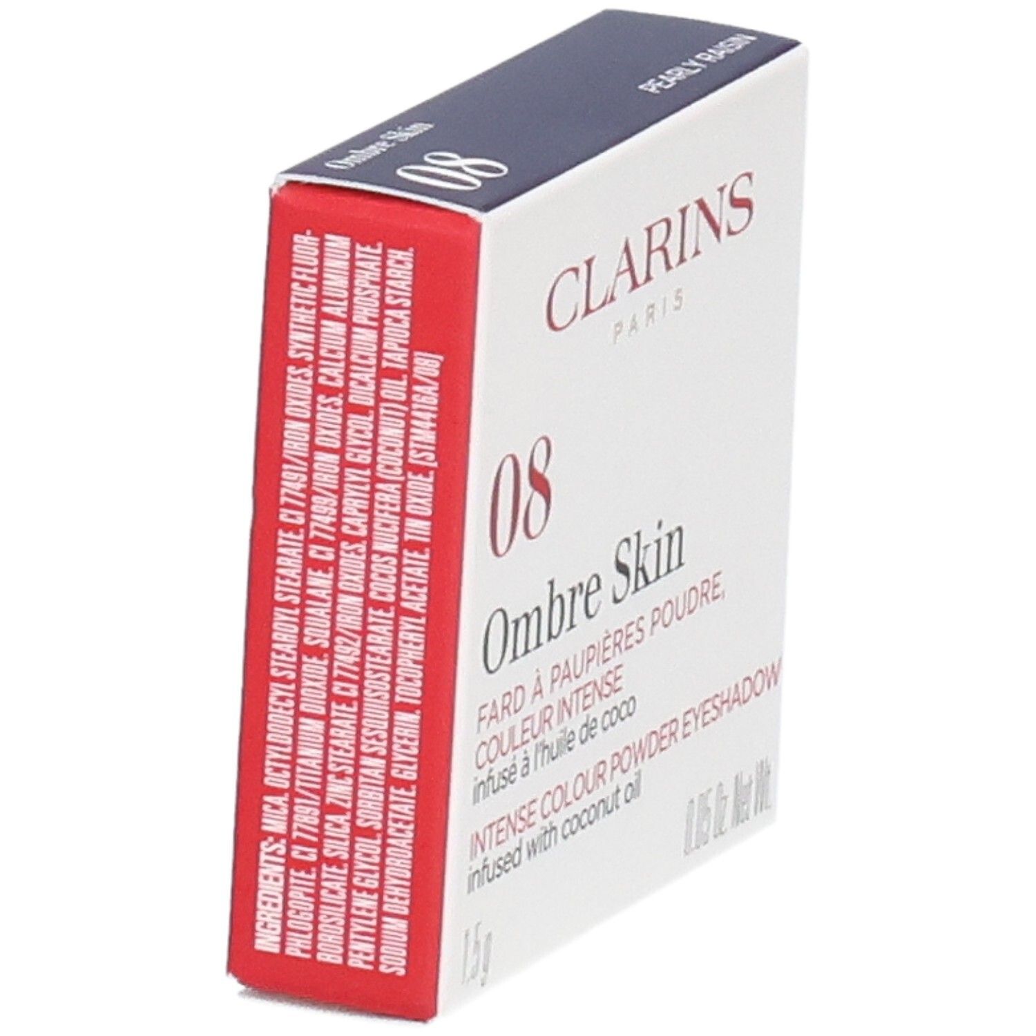 Ombre Skin Clarins fard à paupières, teinte 08 Pearly Raisin, verso avec ingrédients.