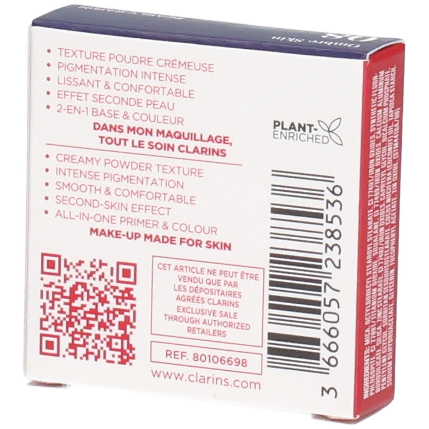 Ombre Skin Clarins fard à paupières, teinte 08 Pearly Raisin, verso avec caractéristiques produit.