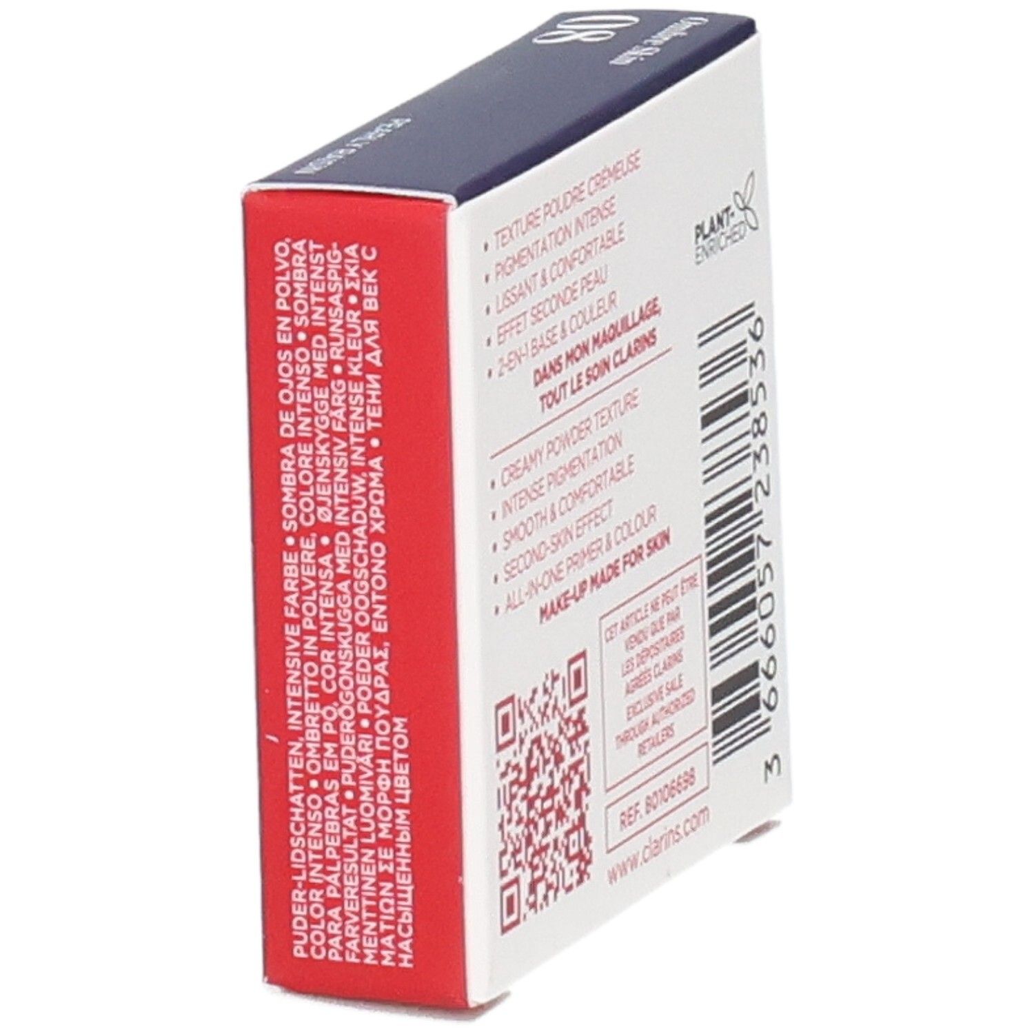 Ombre Skin Clarins fard à paupières, teinte 08 Pearly Raisin, côté avec description produit.