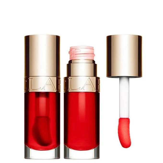 Clarins Lip Comfort Oil 08: Flesje, geopende flesje en applicator.
