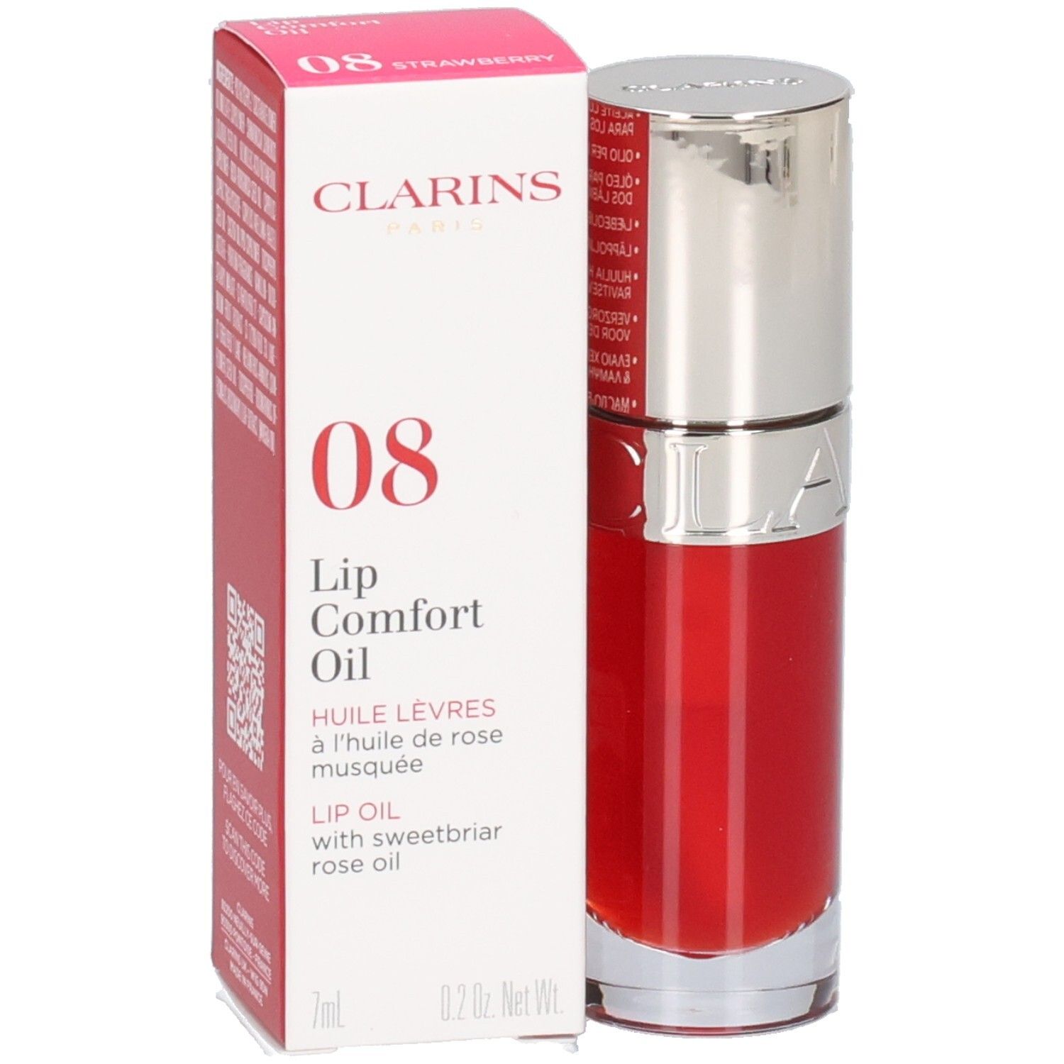Clarins Lip Comfort Oil 08 in rode verpakking met flesje.