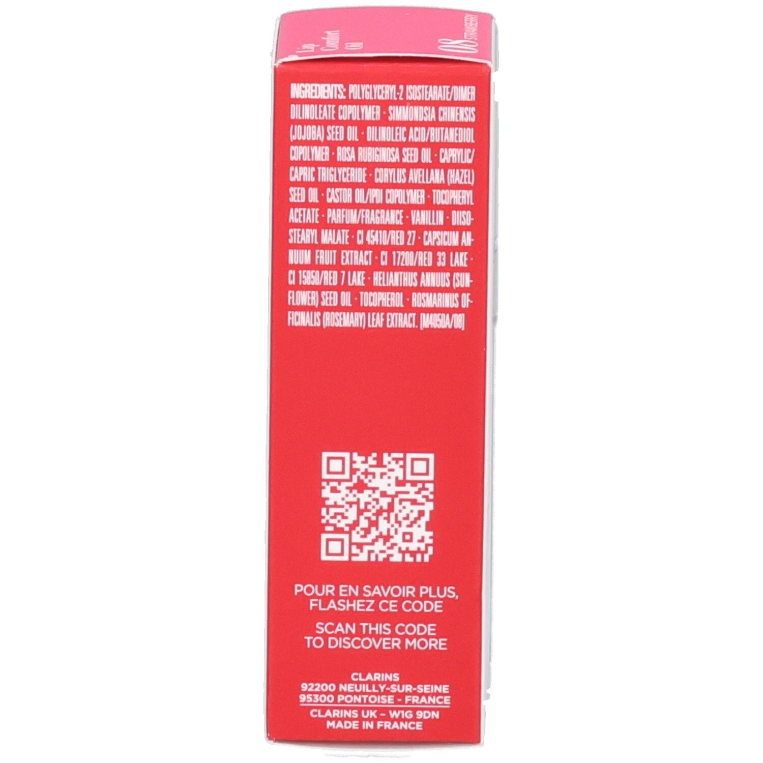 Clarins Lip Comfort Oil 08: Zijaanzicht van rode verpakking met ingrediënten.