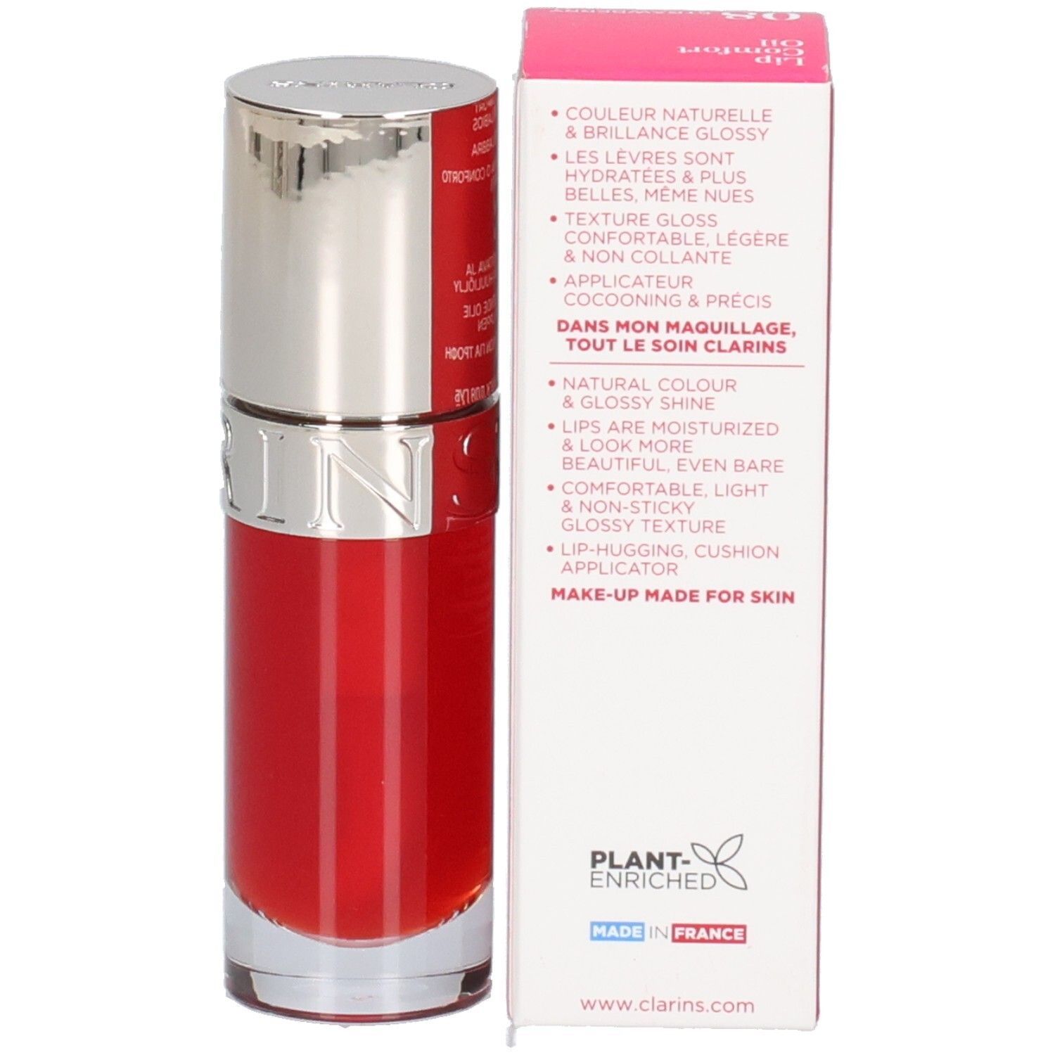 Clarins Lip Comfort Oil 08: Flesje en rode verpakking met productkenmerken.