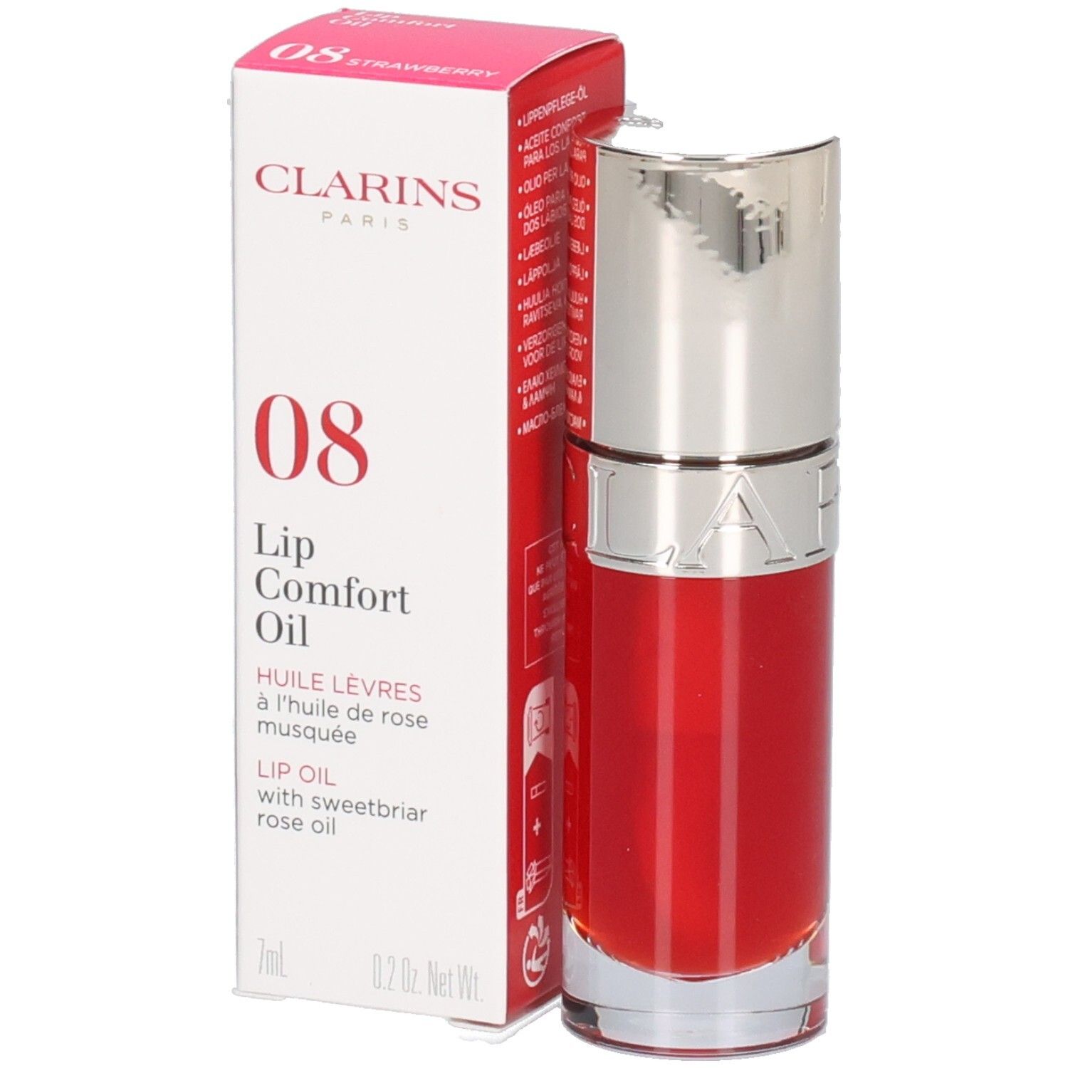 Clarins Lip Comfort Oil 08: Rode verpakking en flesje met rode lipolie.