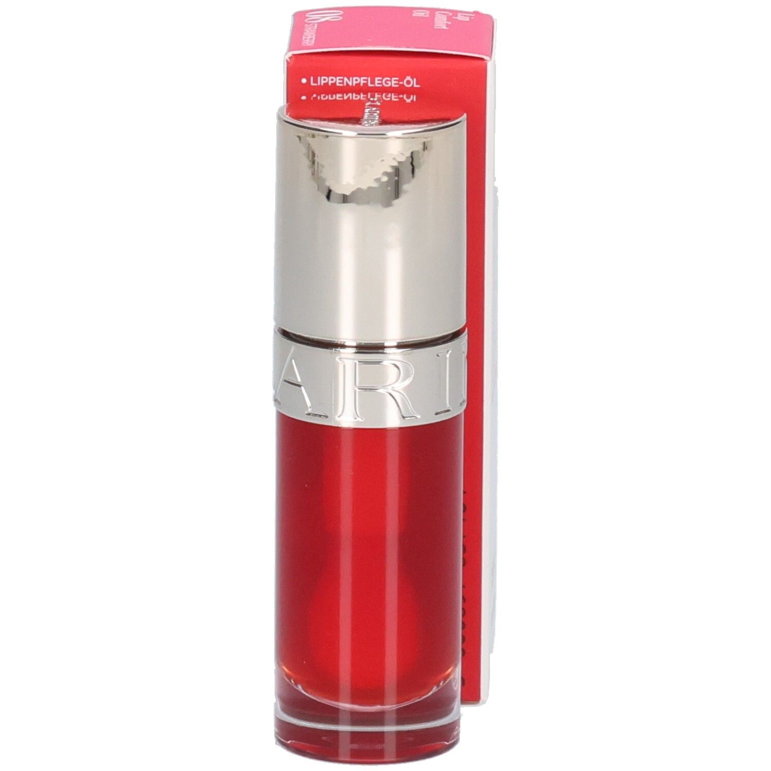 Clarins Lip Comfort Oil 08: Flesje met rode lipolie en zilveren dop.