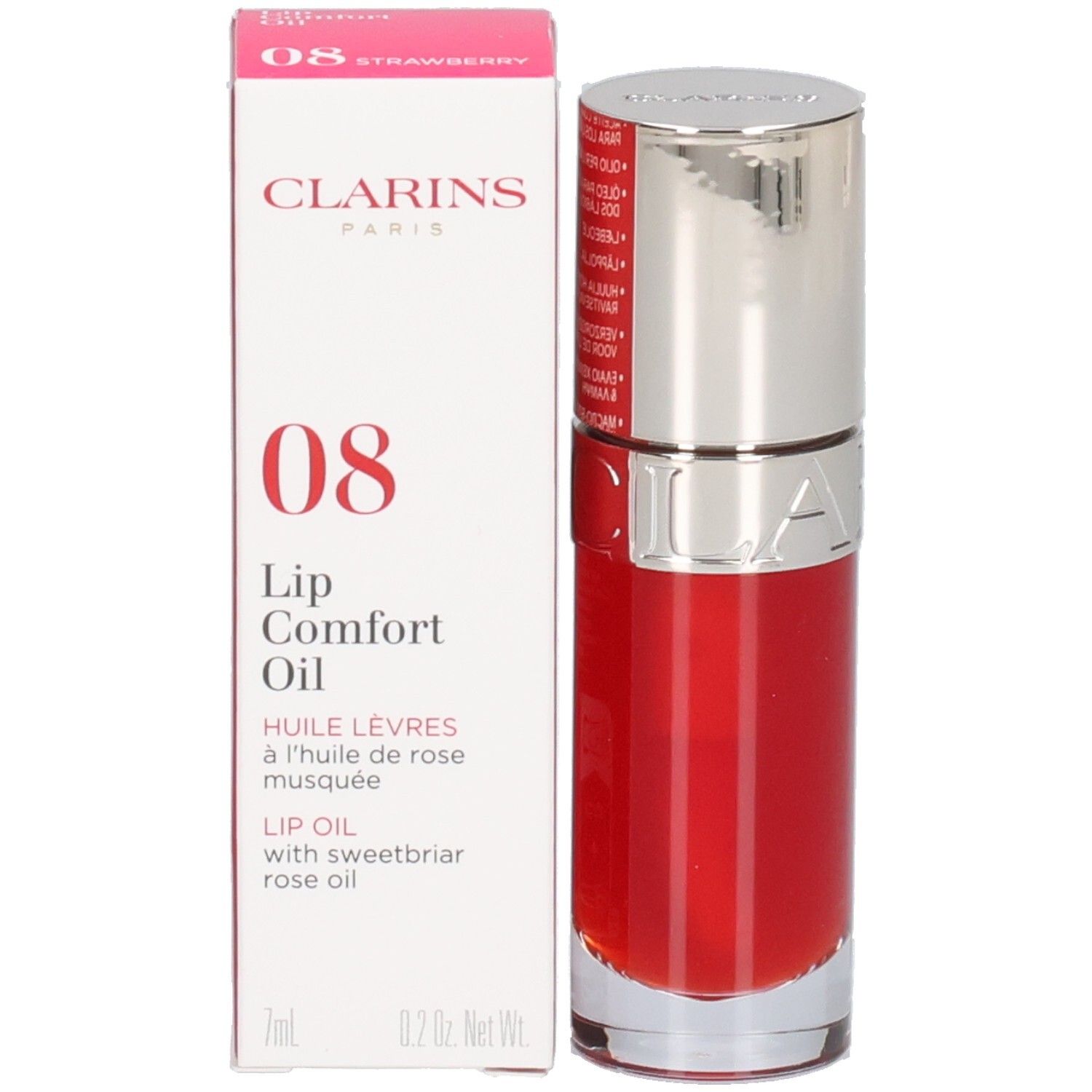 Clarins Lip Comfort Oil 08: Rode verpakking en flesje met rode lipolie.