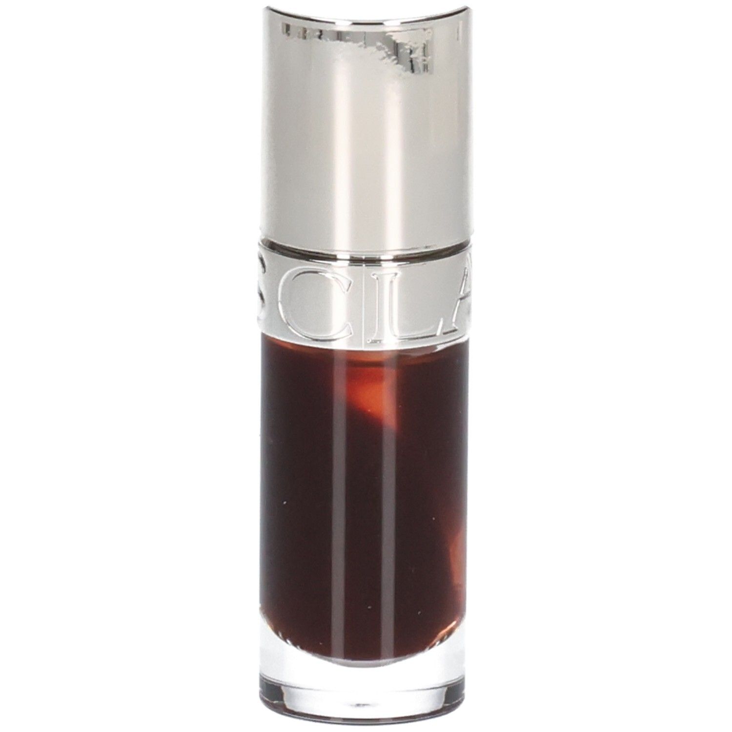 Clarins Lip Comfort Oil 09 Chocolate dans un flacon en verre avec un capuchon argenté.