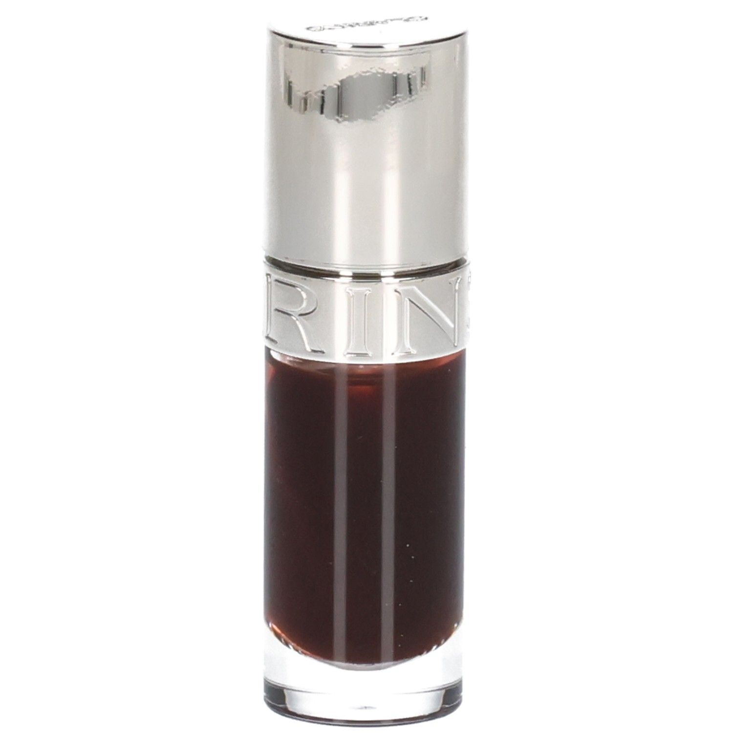 Clarins Lip Comfort Oil 09 Chocolate, flacon en verre avec capuchon argenté, inscription 'CLARINS'.