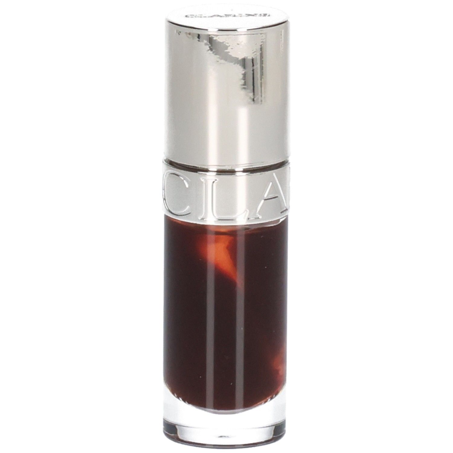 Clarins Lip Comfort Oil 09 Chocolate, flacon en verre avec capuchon argenté, inscription 'CLARINS'.