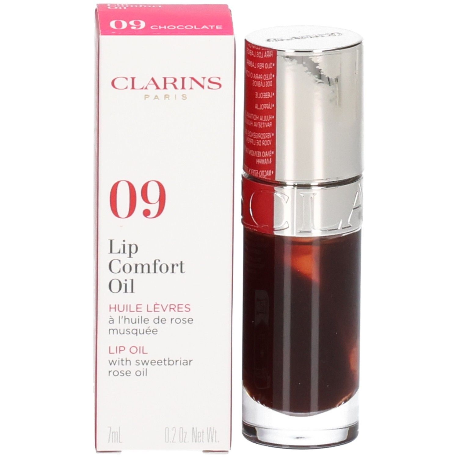 Clarins Lip Comfort Oil 09 Chocolate avec emballage. Flacon et boîte avec informations produit.