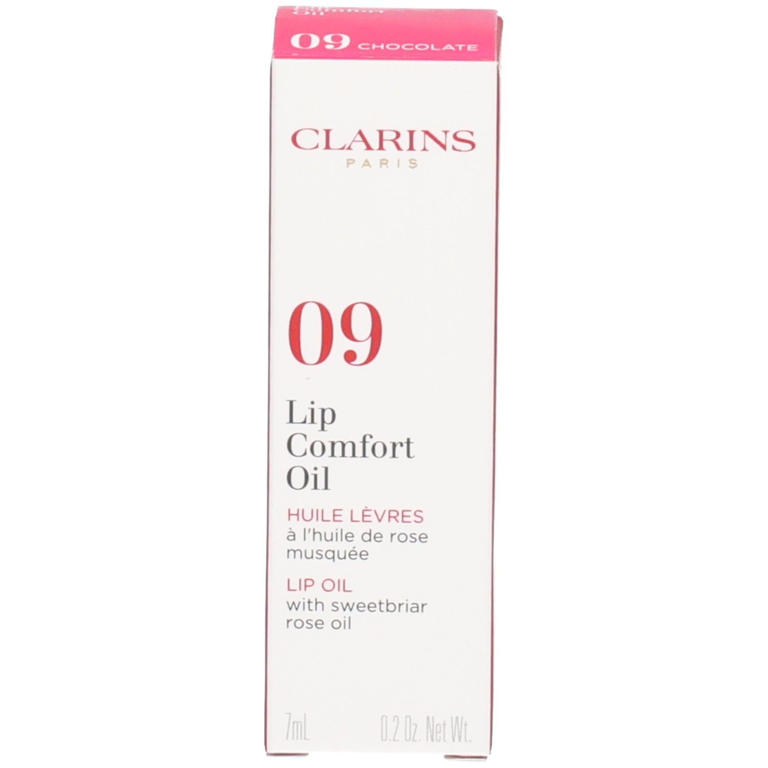Clarins Lip Comfort Oil 09 Chocolate, emballage cartonné avec nom du produit et numéro 09.