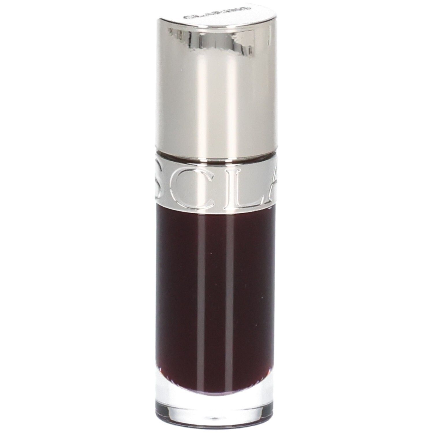 Clarins Lip Comfort Oil 10 - Pruim, donkere, transparante olie in glazen flesje met zilveren applicator.
