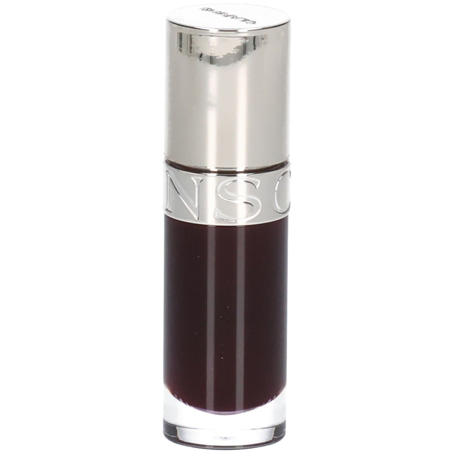 Clarins Lip Comfort Oil 10 - Pruim, donkere, transparante olie in glazen flesje met zilveren applicator.