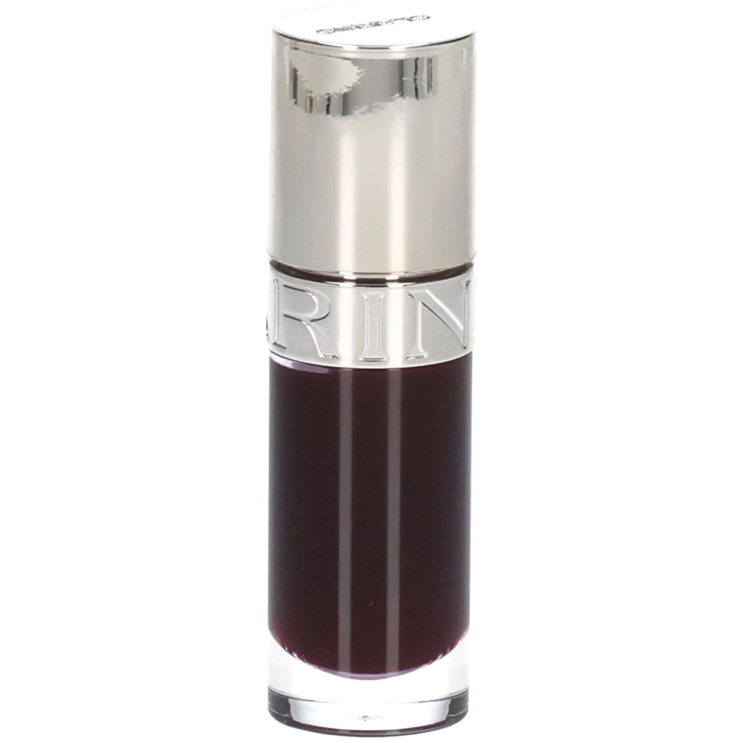 Clarins Lip Comfort Oil 10 - Pruim, donkere, transparante olie in glazen flesje met zilveren applicator.