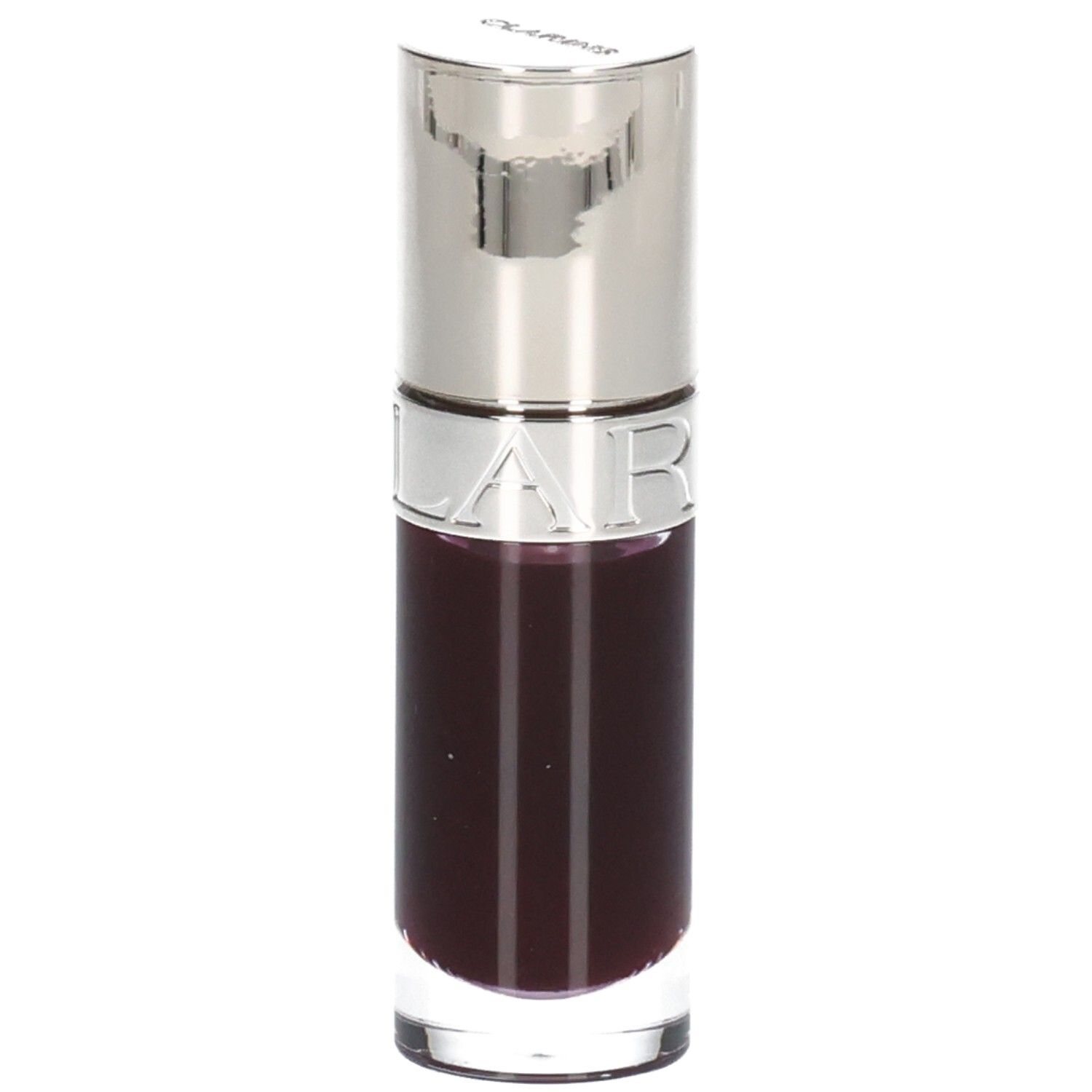 Clarins Lip Comfort Oil 10 - Pruim, donkere, transparante olie in glazen flesje met zilveren applicator.