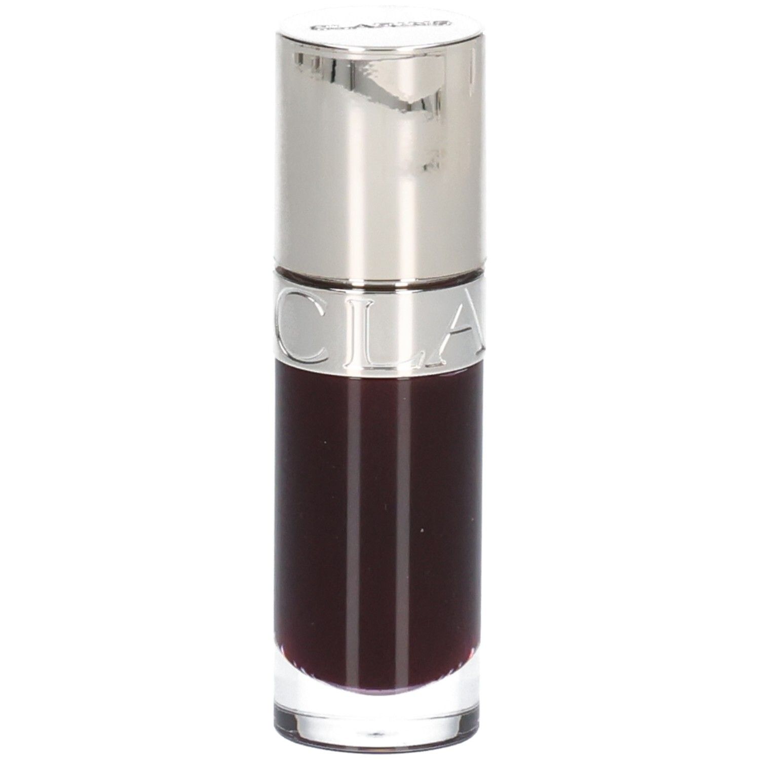 Clarins Lip Comfort Oil 10 - Pruim, donkere, transparante olie in glazen flesje met zilveren applicator.