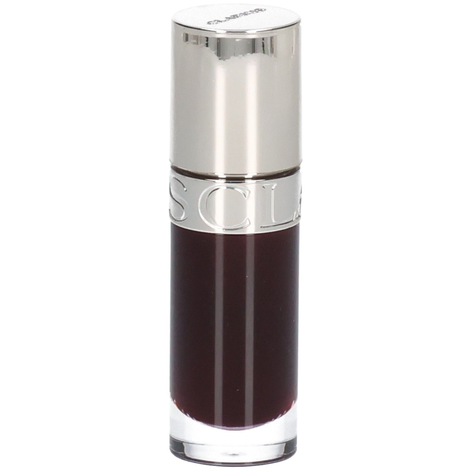 Clarins Lip Comfort Oil 10 - Pruim, donkere, transparante olie in glazen flesje met zilveren applicator.