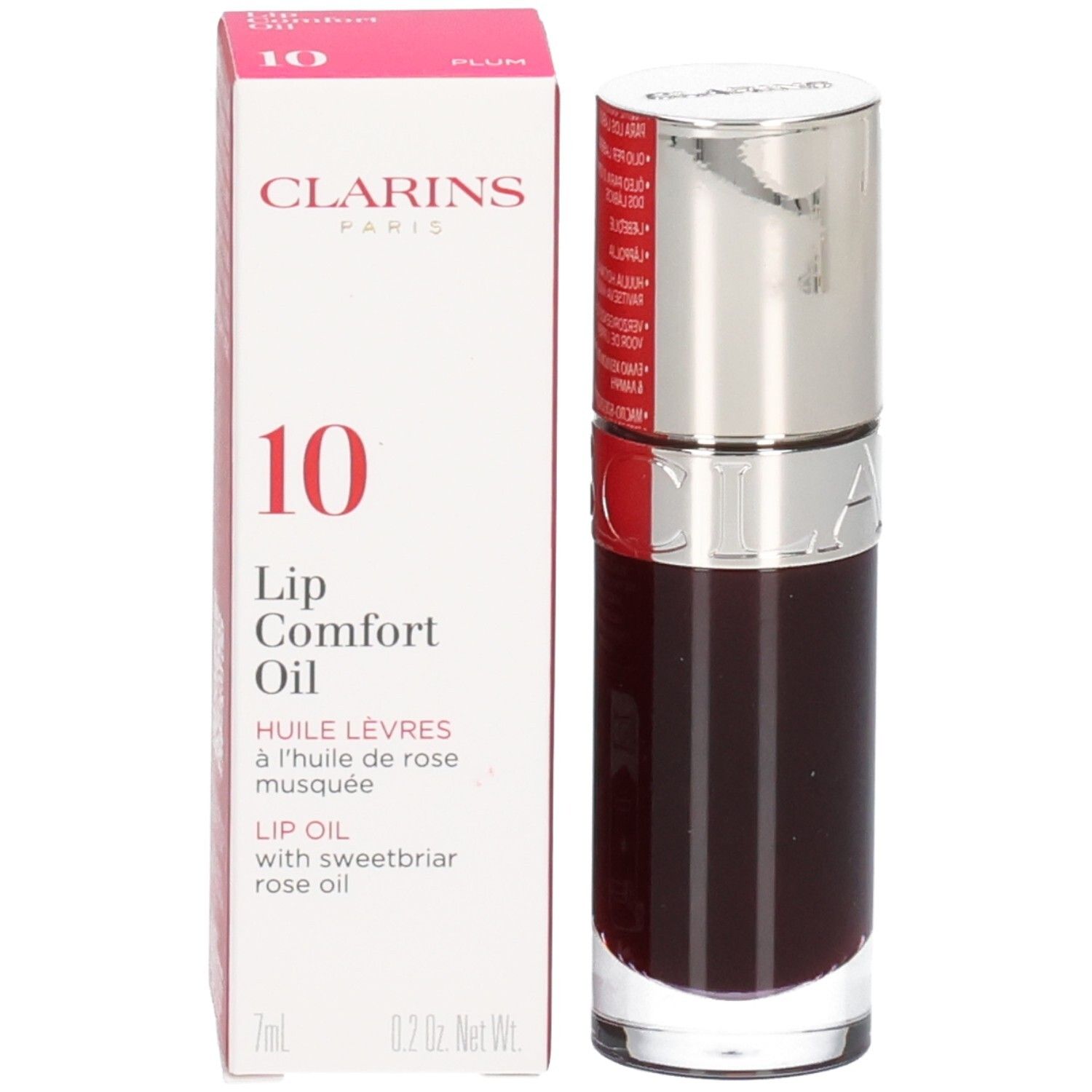 Clarins Lip Comfort Oil 10 - Pruim, donkere, transparante olie in glazen flesje met zilveren applicator.