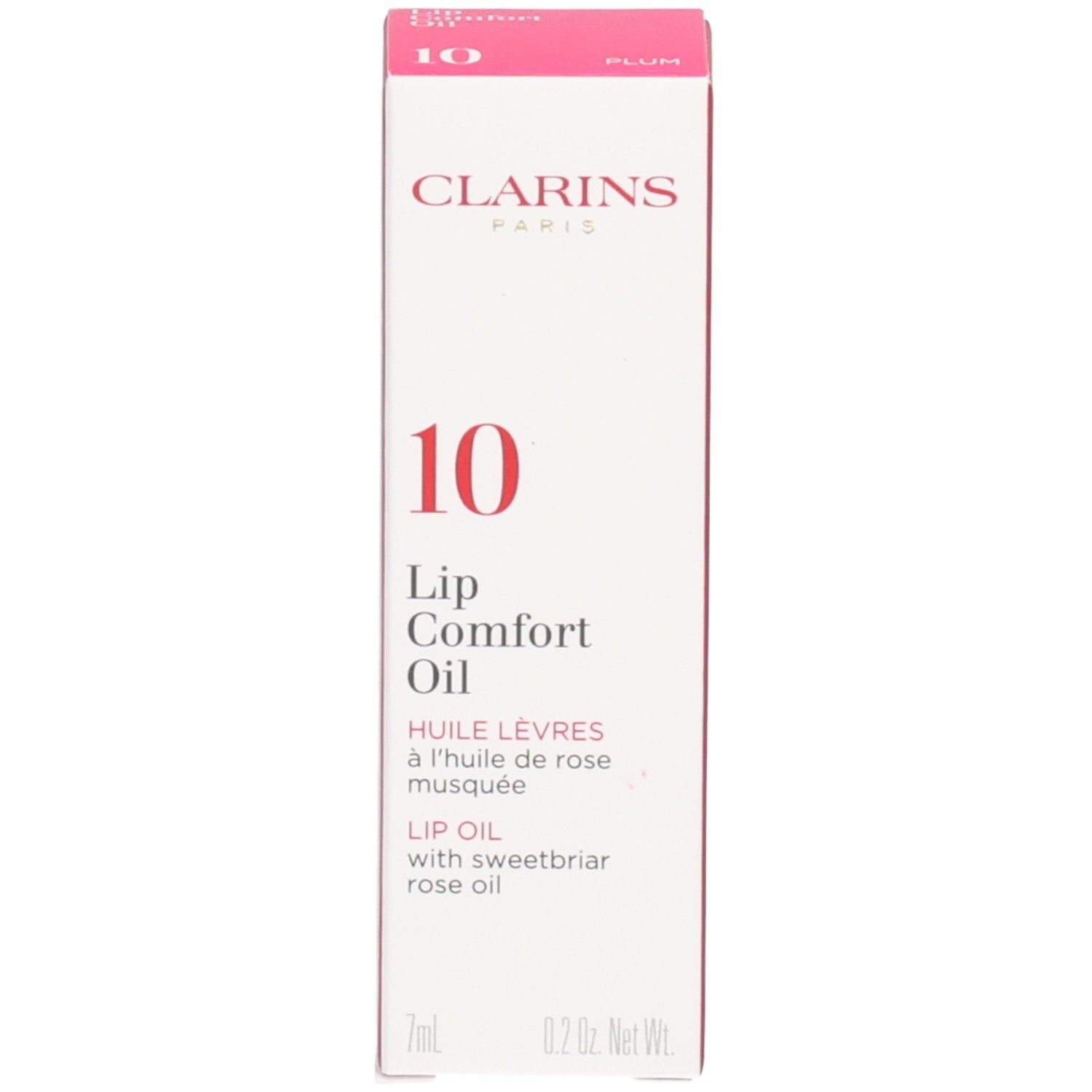 Clarins Lip Comfort Oil 10 - Pruim, met verpakking. Donkere olie in glazen flesje, zilveren applicator.