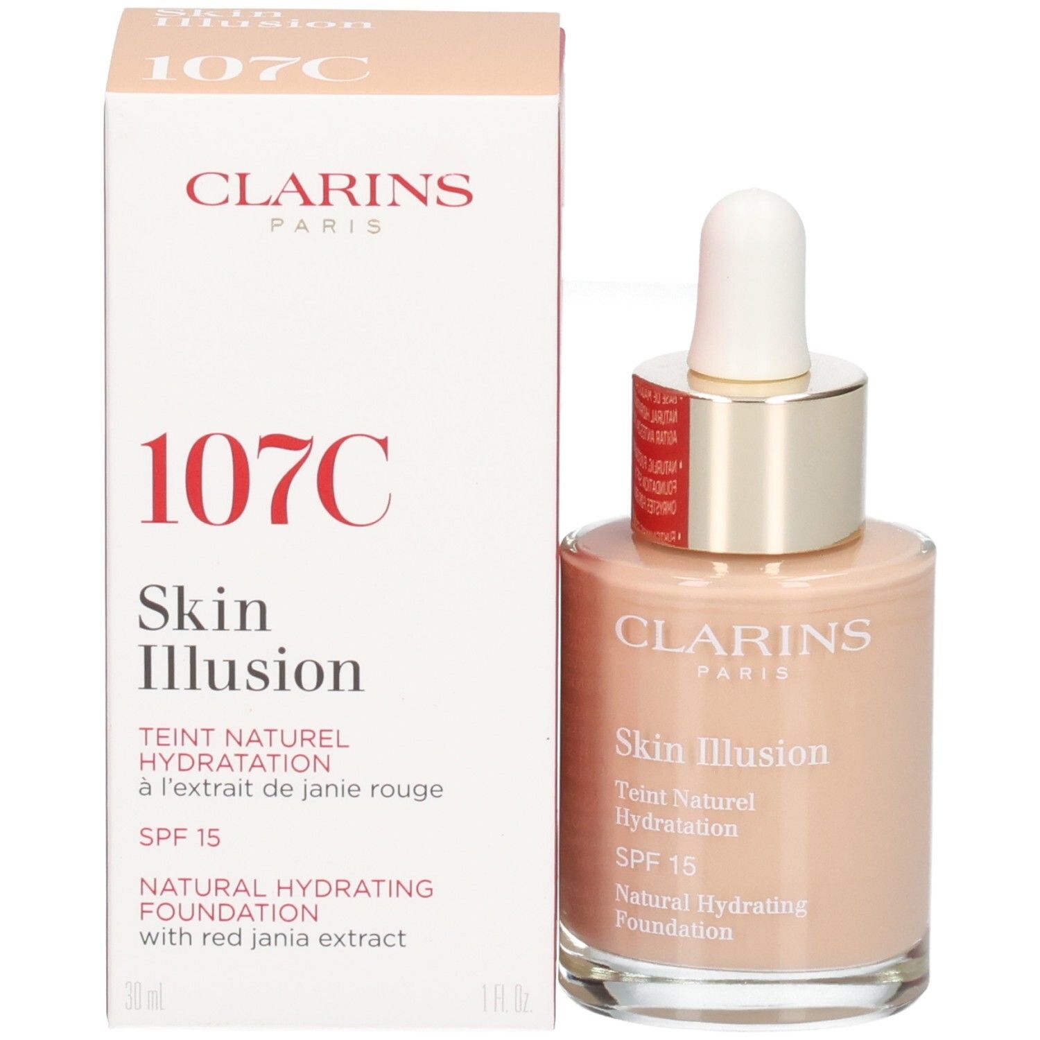 Clarins Skin Illusion Foundation 107C, met verpakking.