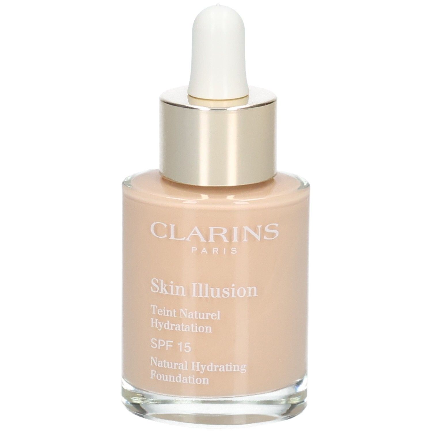 Clarins Skin Illusion foundation in glazen fles met druppelaar, kleur 108 Sand.