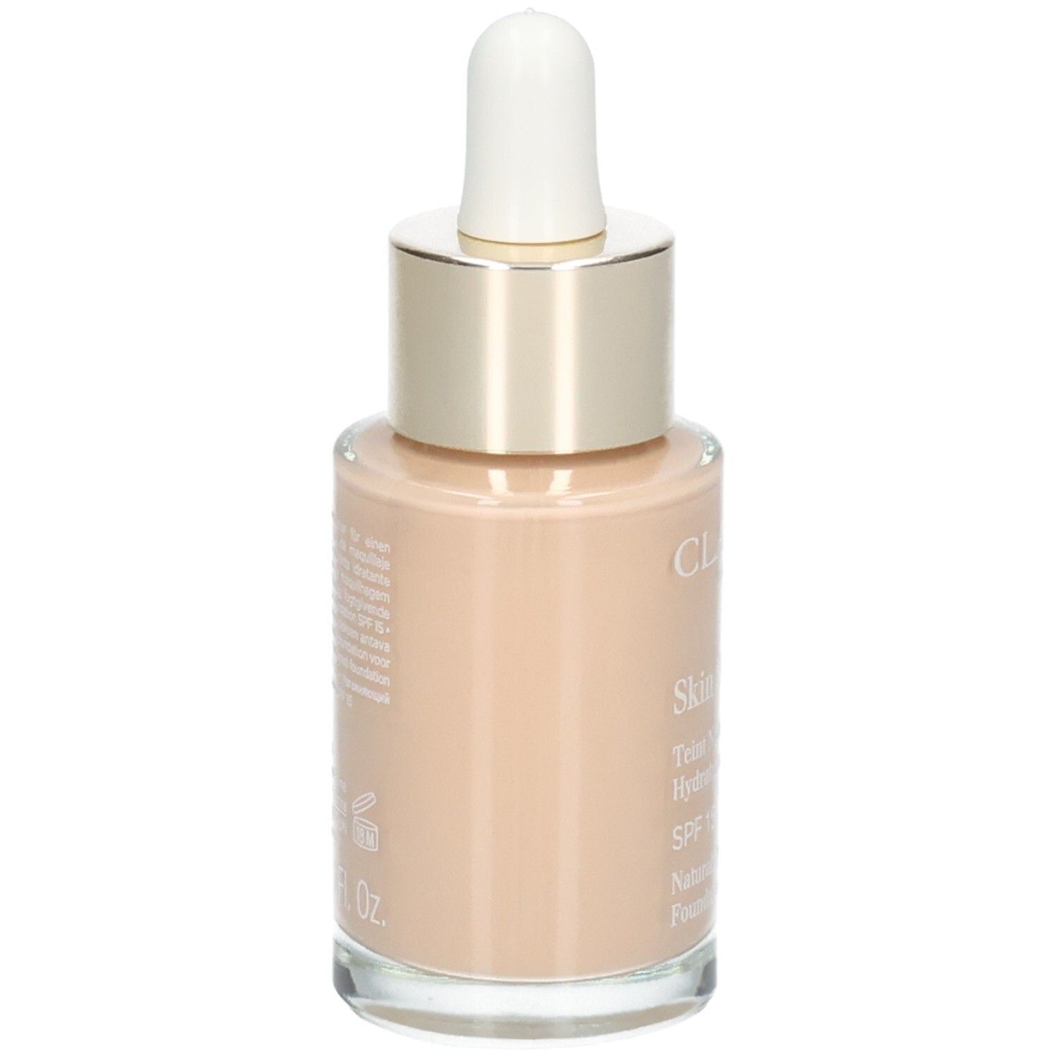 Clarins Skin Illusion foundation, achterkant van de glazen fles met druppelaar, kleur 108 Sand.