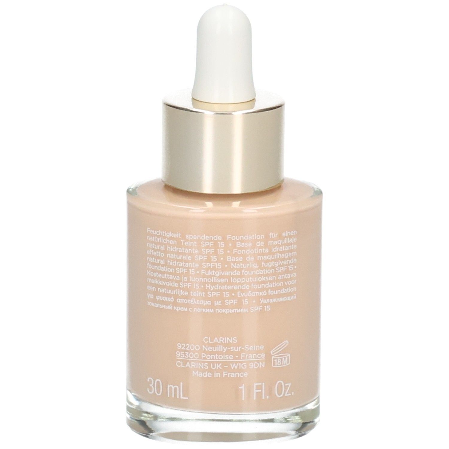 Clarins Skin Illusion foundation, achterkant van de glazen fles met druppelaar, 30ml, kleur 108 Sand.