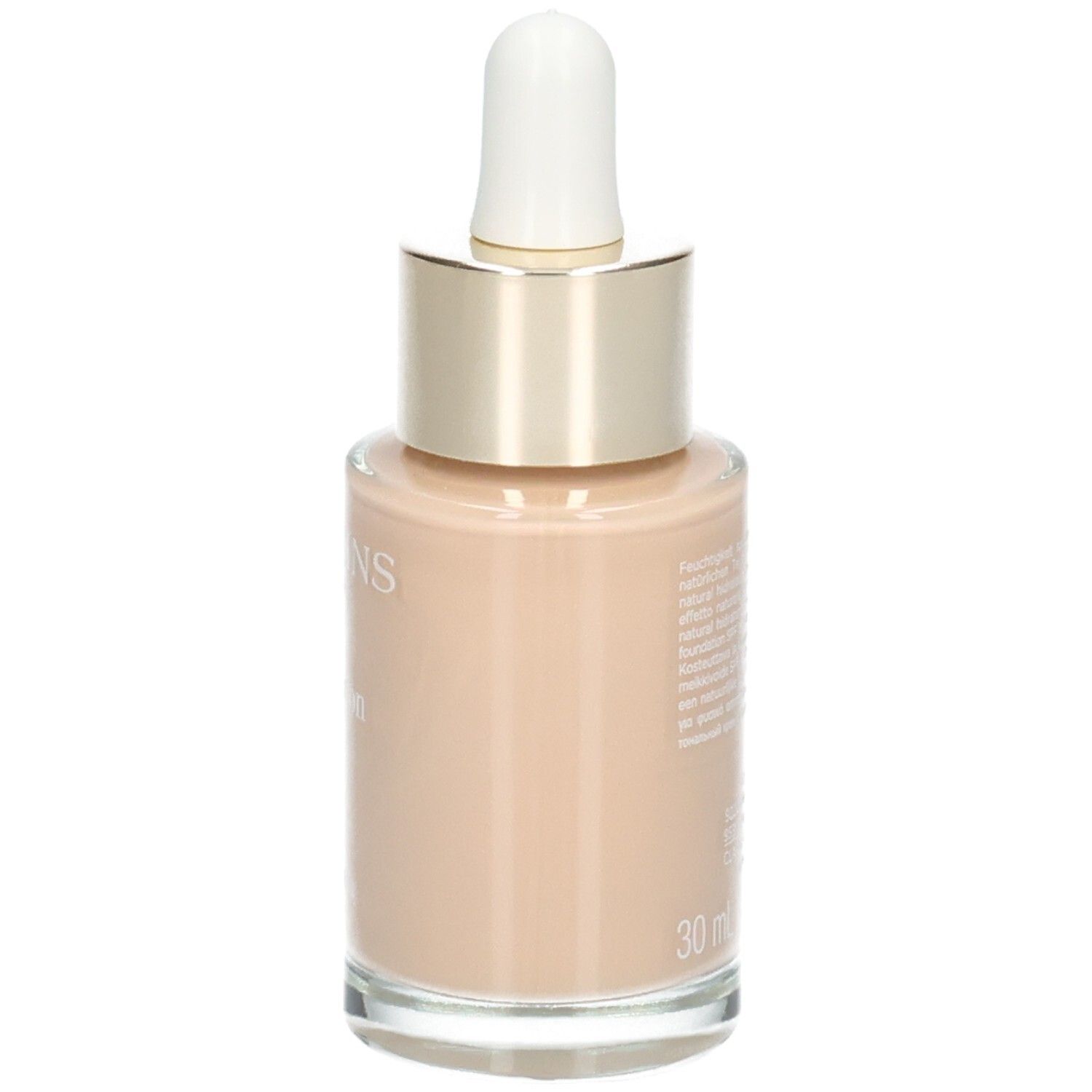 Clarins Skin Illusion foundation, glazen fles met druppelaar, kleur 108 Sand.