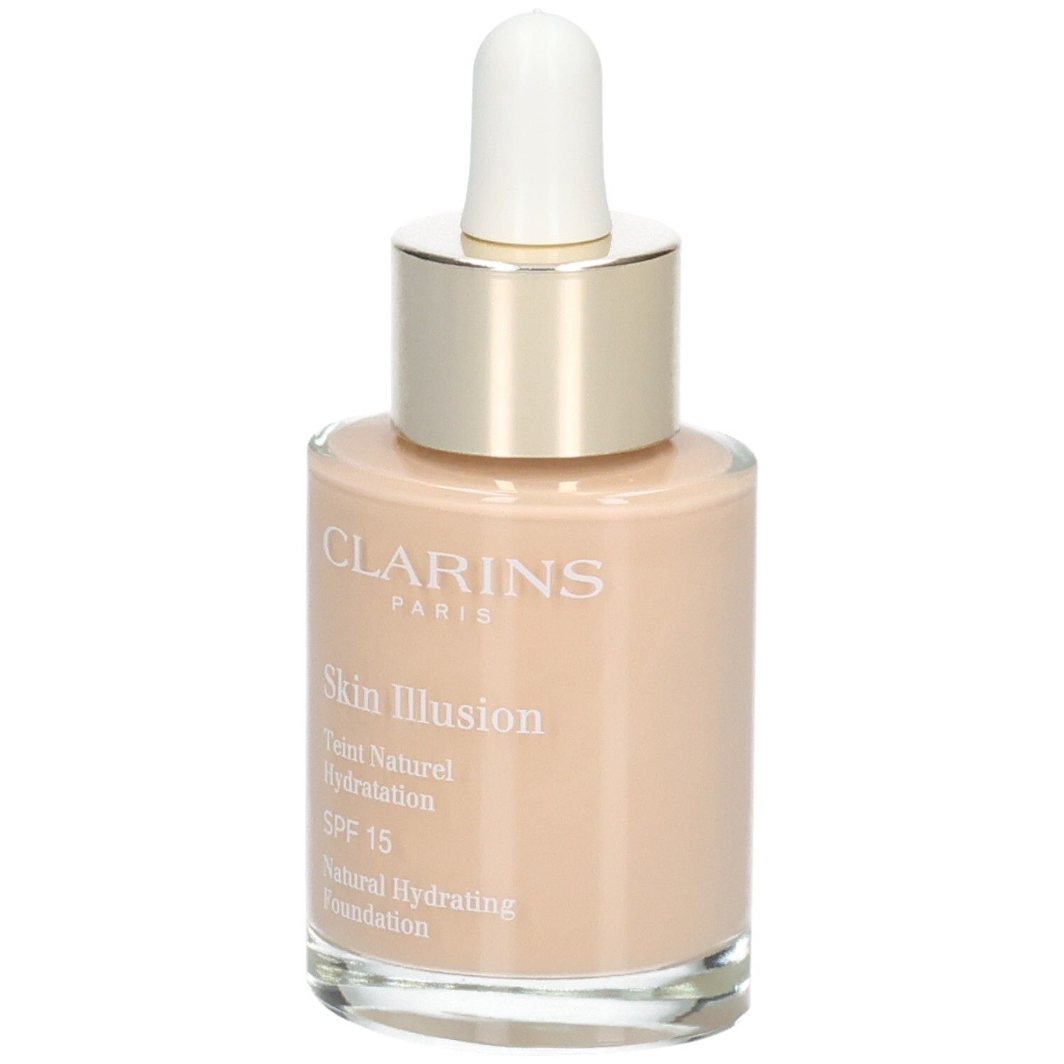 Clarins Skin Illusion foundation in glazen fles met druppelaar, kleur 108 Sand.