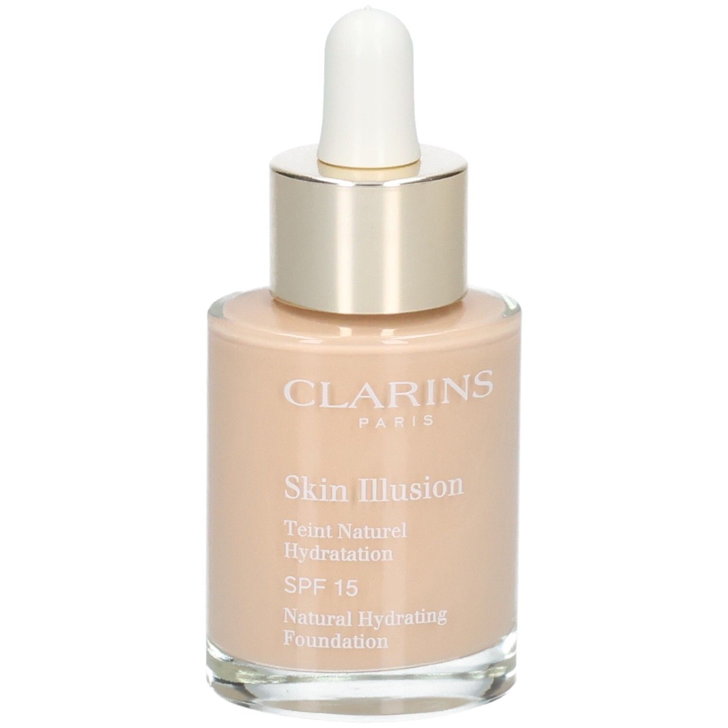 Clarins Skin Illusion foundation in glazen fles met druppelaar, kleur 108 Sand.