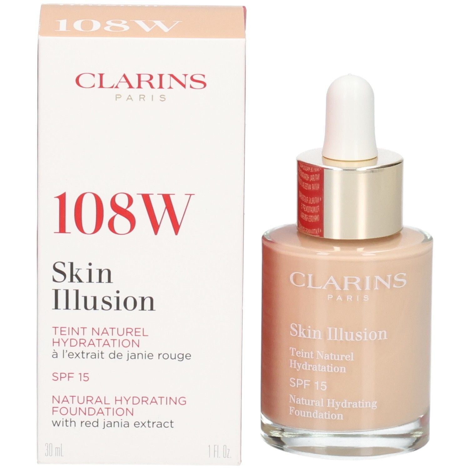 Clarins Skin Illusion foundation 108W, met doos, glazen fles met druppelaar, 30ml.