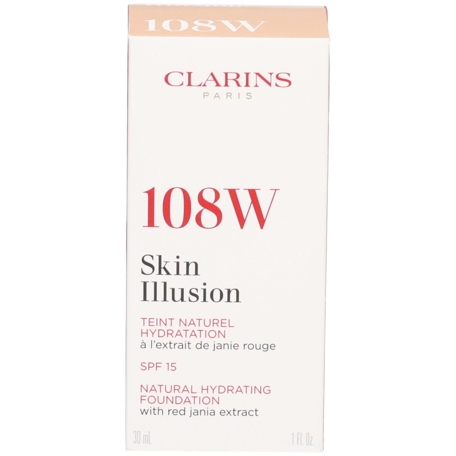 Clarins Skin Illusion foundation 108W, doos met productinformatie, 30ml.