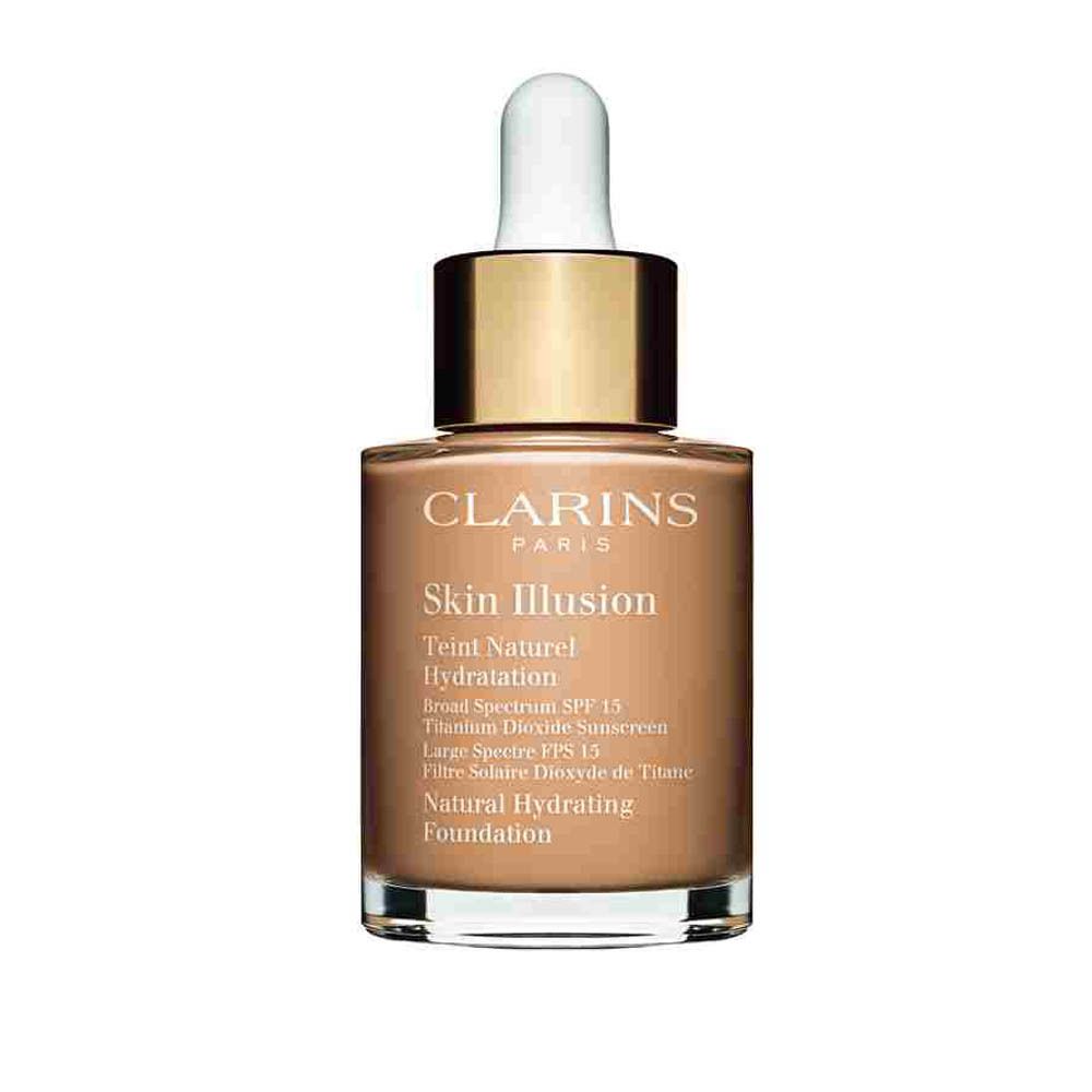 Clarins Skin Illusion Foundation, kleur 108.5 Cashew. Glazen fles met druppelaar en SPF 15.