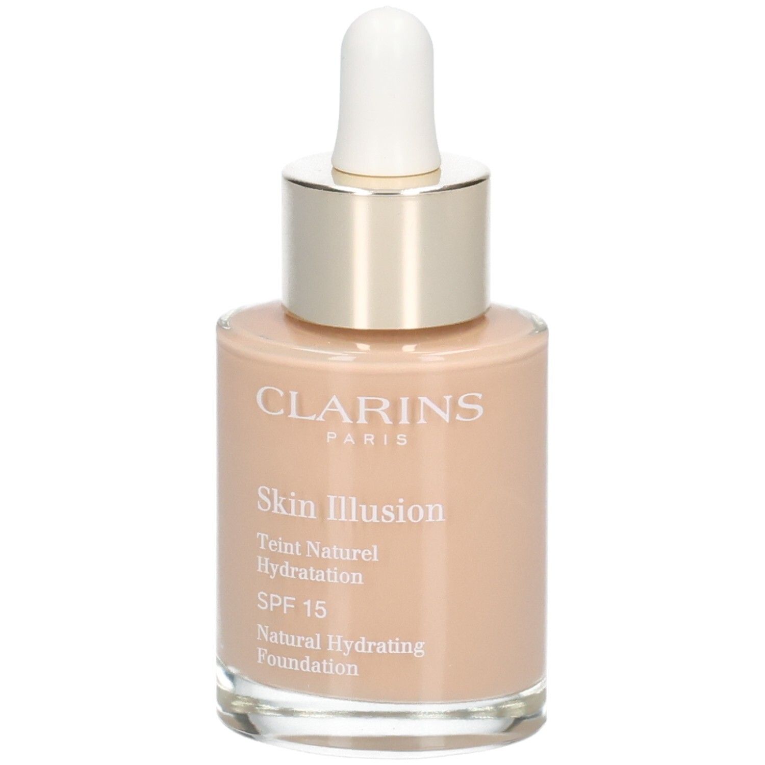 Clarins Skin Illusion Foundation in glazen fles met druppelaar. Kleur 108.5 Cashew.