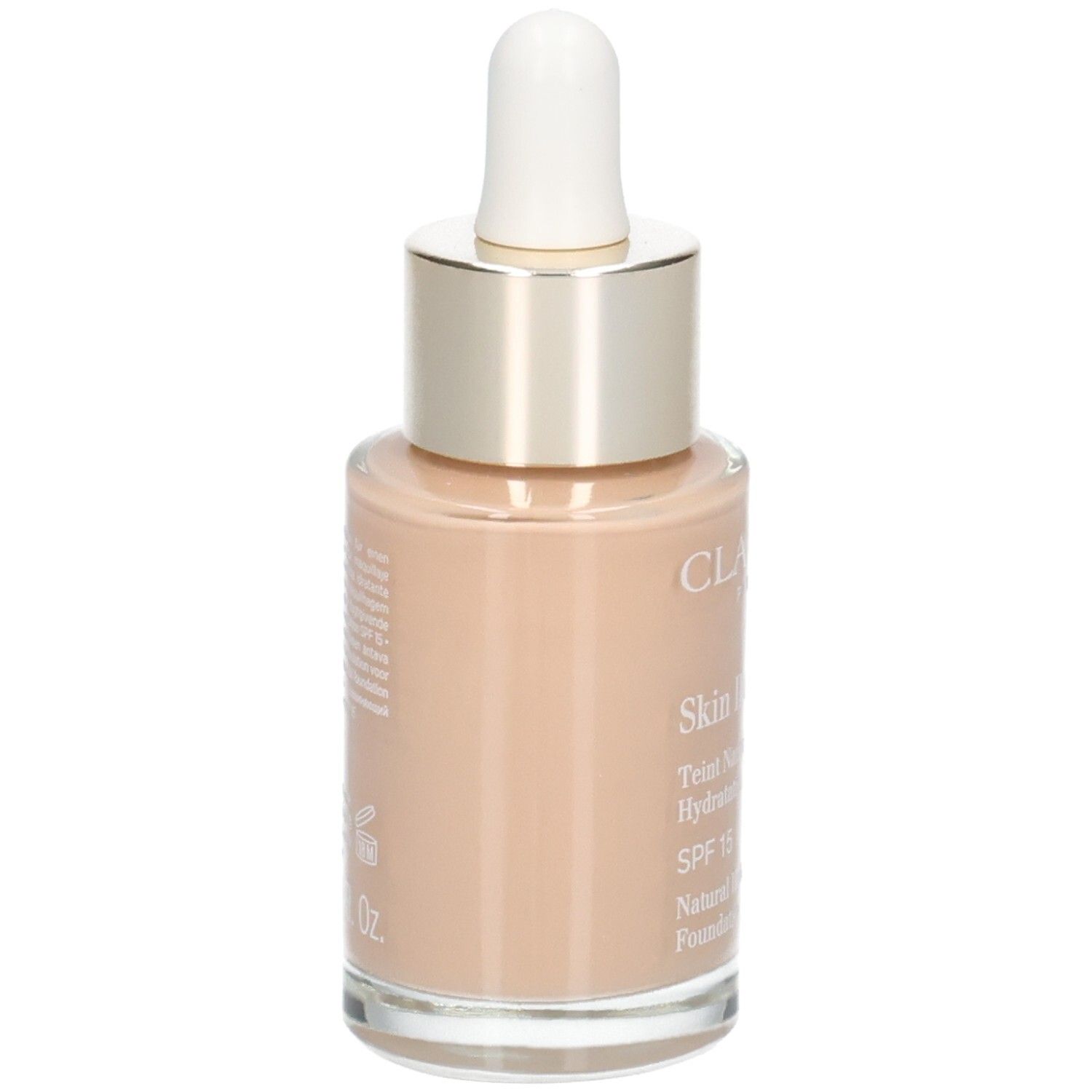 Clarins Skin Illusion Foundation, achterkant van de glazen fles met druppelaar. Kleur 108.5 Cashew.