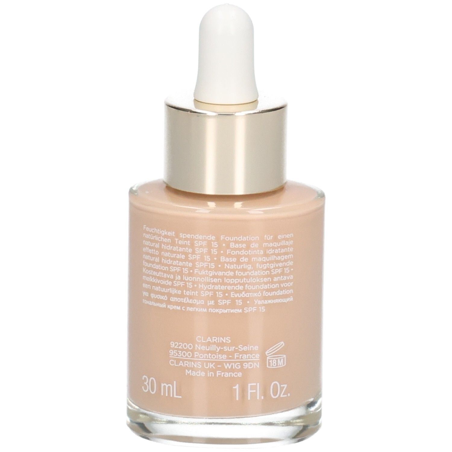 Clarins Skin Illusion Foundation, achterkant van de glazen fles met druppelaar. 30 ml. Kleur 108.5 Cashew.