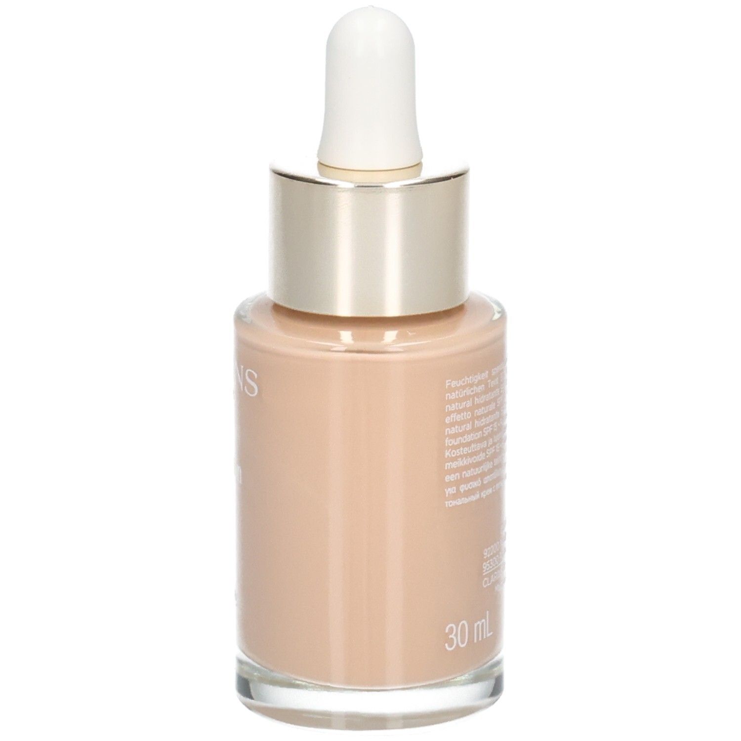 Clarins Skin Illusion Foundation, zijkant van de glazen fles met druppelaar. Kleur 108.5 Cashew.