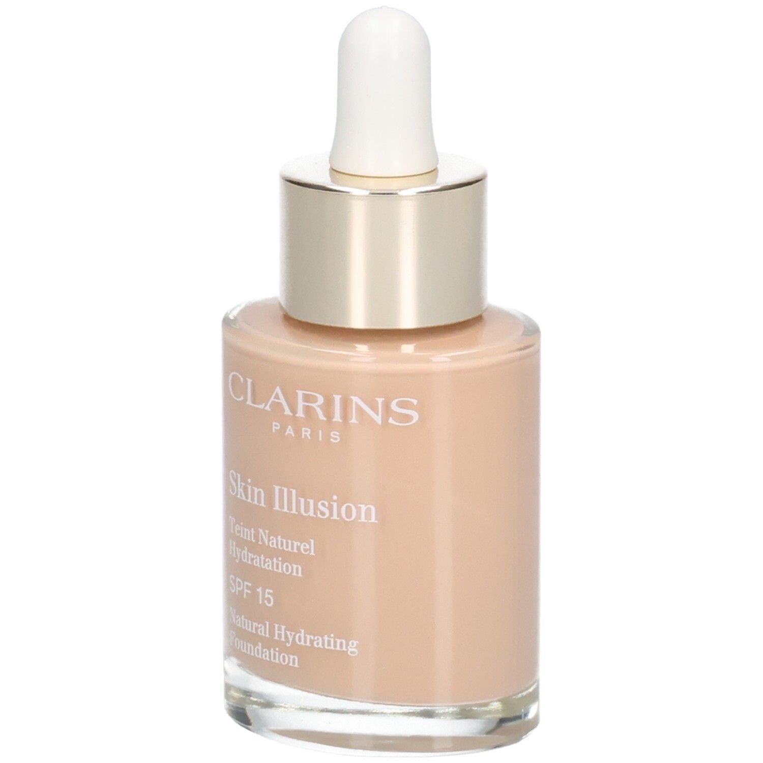 Clarins Skin Illusion Foundation in glazen fles met druppelaar. Kleur 108.5 Cashew.