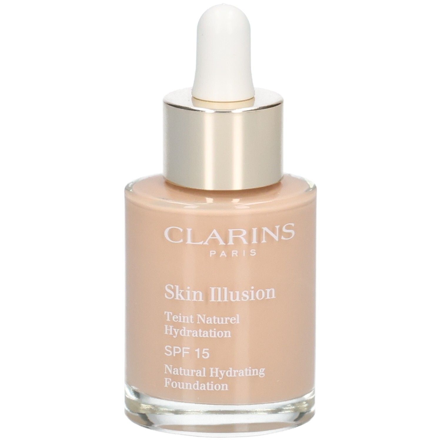 Clarins Skin Illusion Foundation in glazen fles met druppelaar. Kleur 108.5 Cashew.