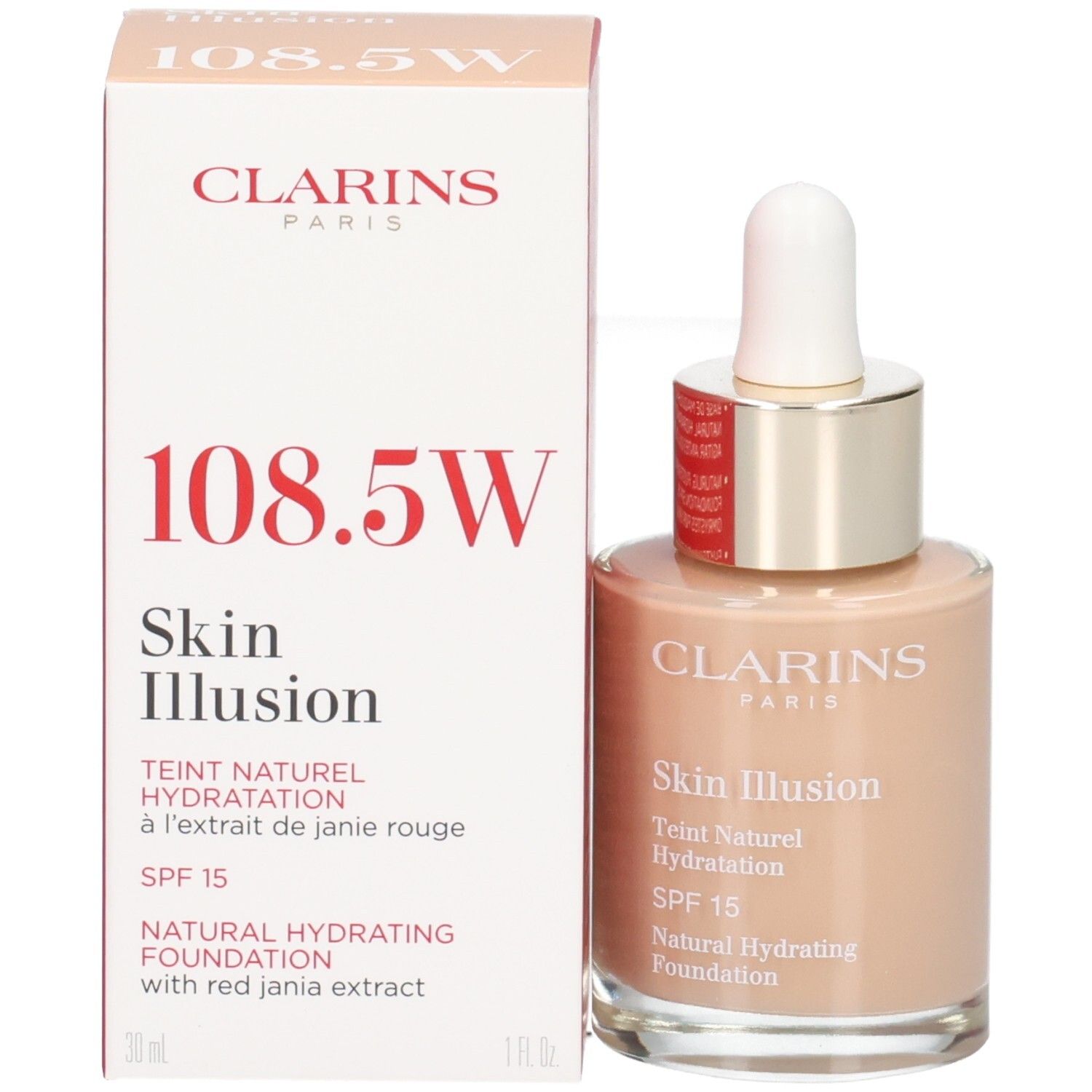 Clarins Skin Illusion Foundation 108.5 Cashew met verpakking. Glazen fles met druppelaar.