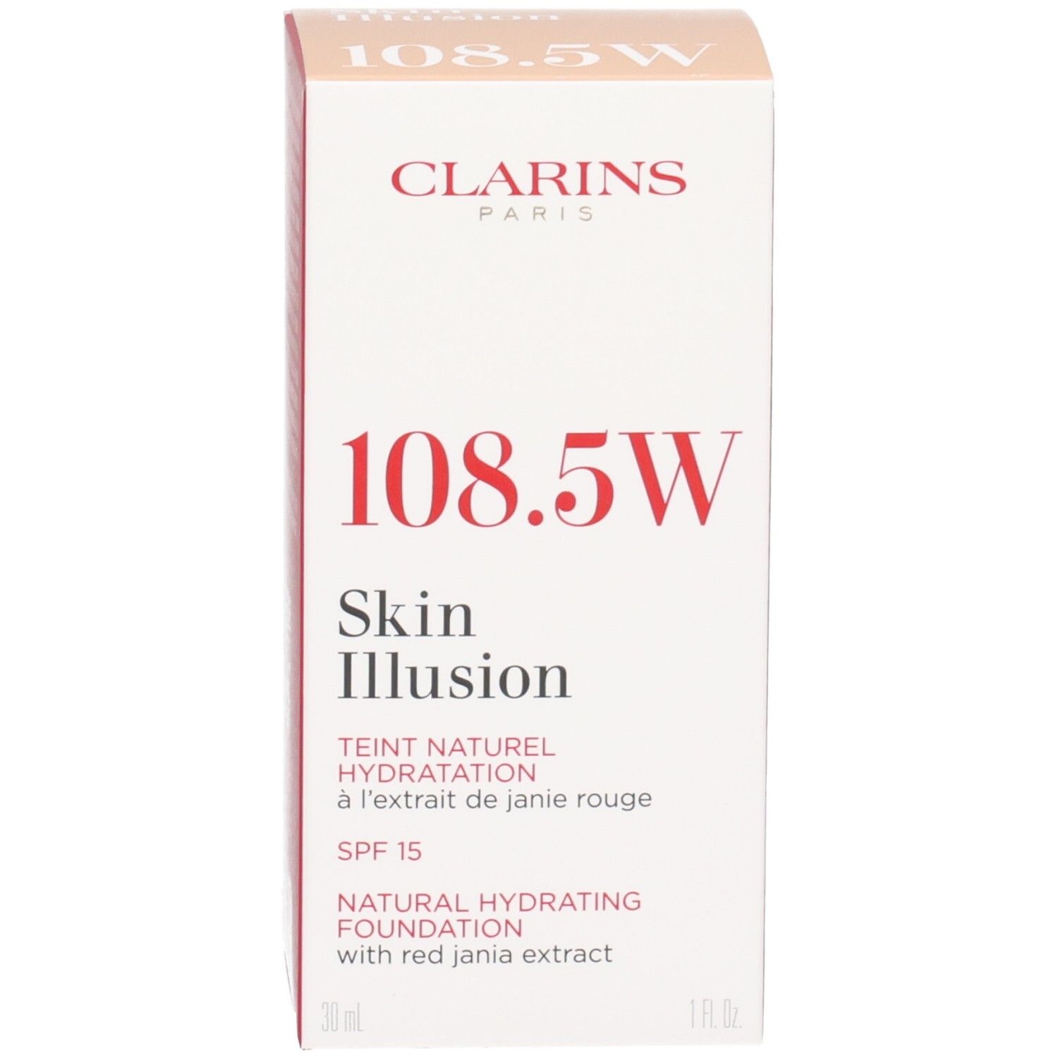 Clarins Skin Illusion Foundation 108.5 Cashew met verpakking. Doos en glazen fles met druppelaar.