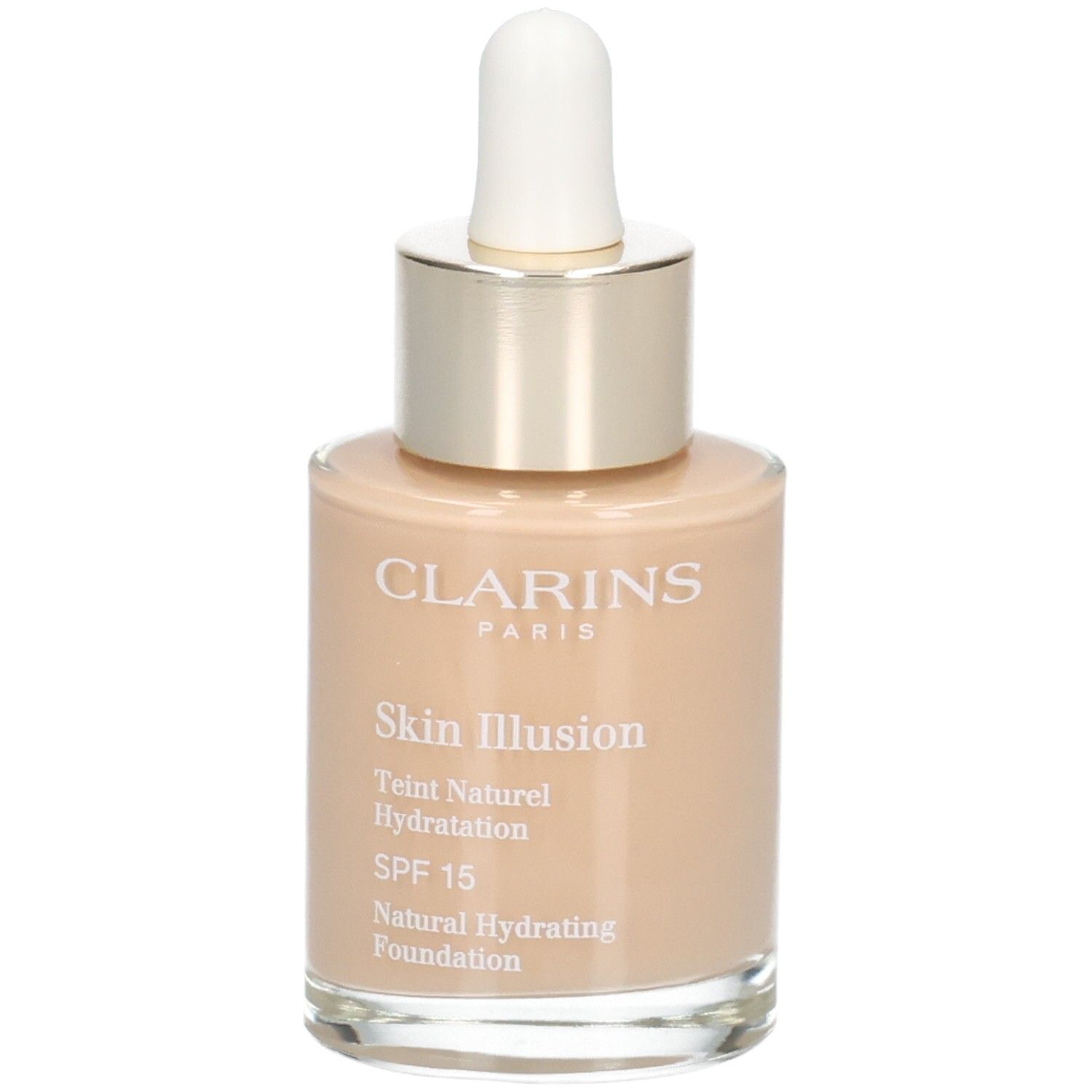 Clarins Skin Illusion foundation in glazen fles met druppelaar. Kleur 110 Honey.