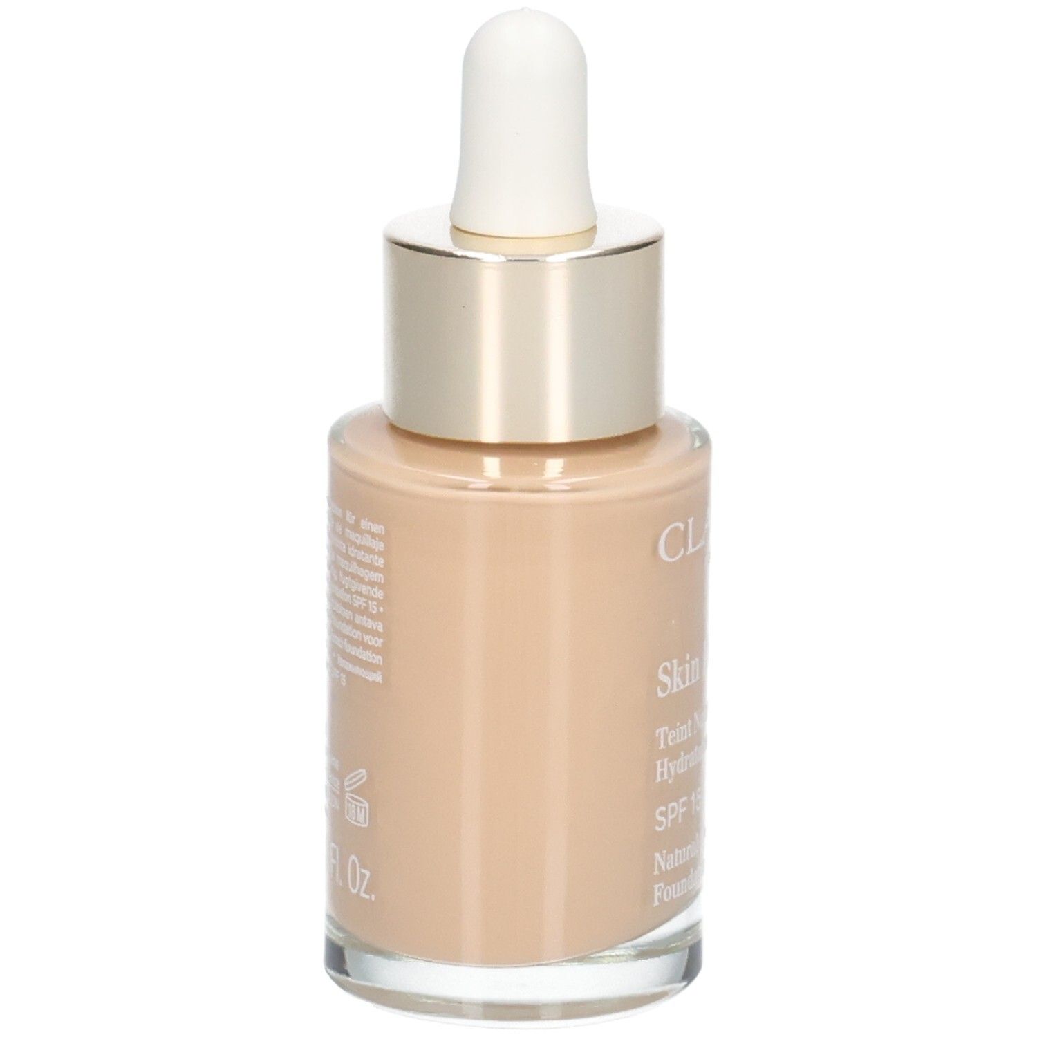 Clarins Skin Illusion foundation, achterkant. Glazen fles met druppelaar. Kleur 110 Honey.