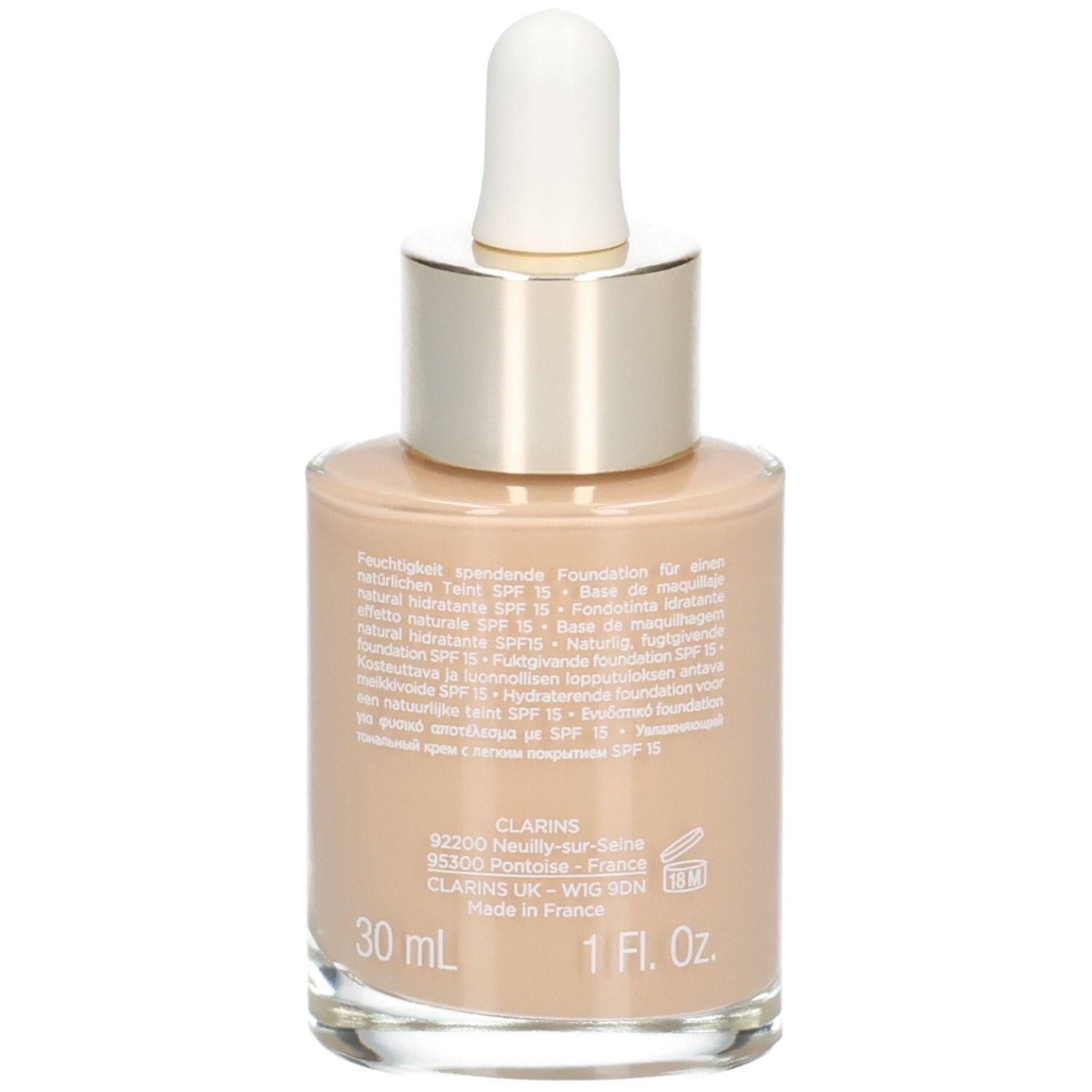 Clarins Skin Illusion foundation, achterkant met productinformatie. 30 ml. Kleur 110 Honey.