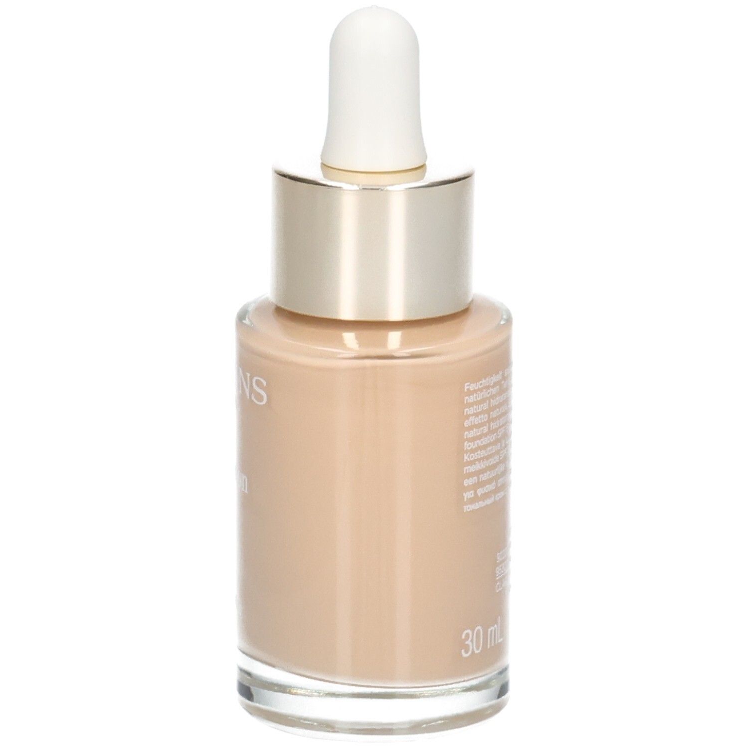 Clarins Skin Illusion foundation, zijaanzicht. Glazen fles met druppelaar. Kleur 110 Honey.