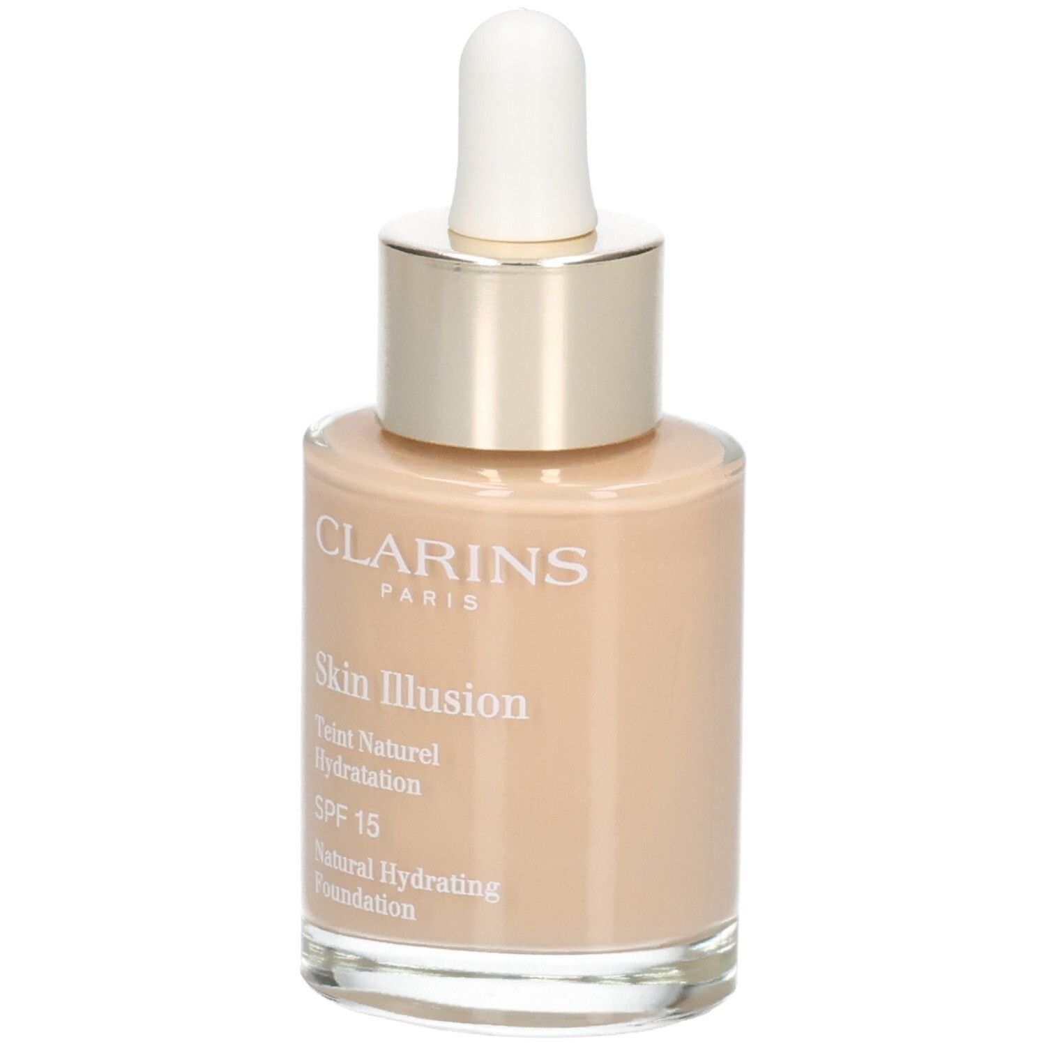 Clarins Skin Illusion foundation in glazen fles met druppelaar. Kleur 110 Honey.